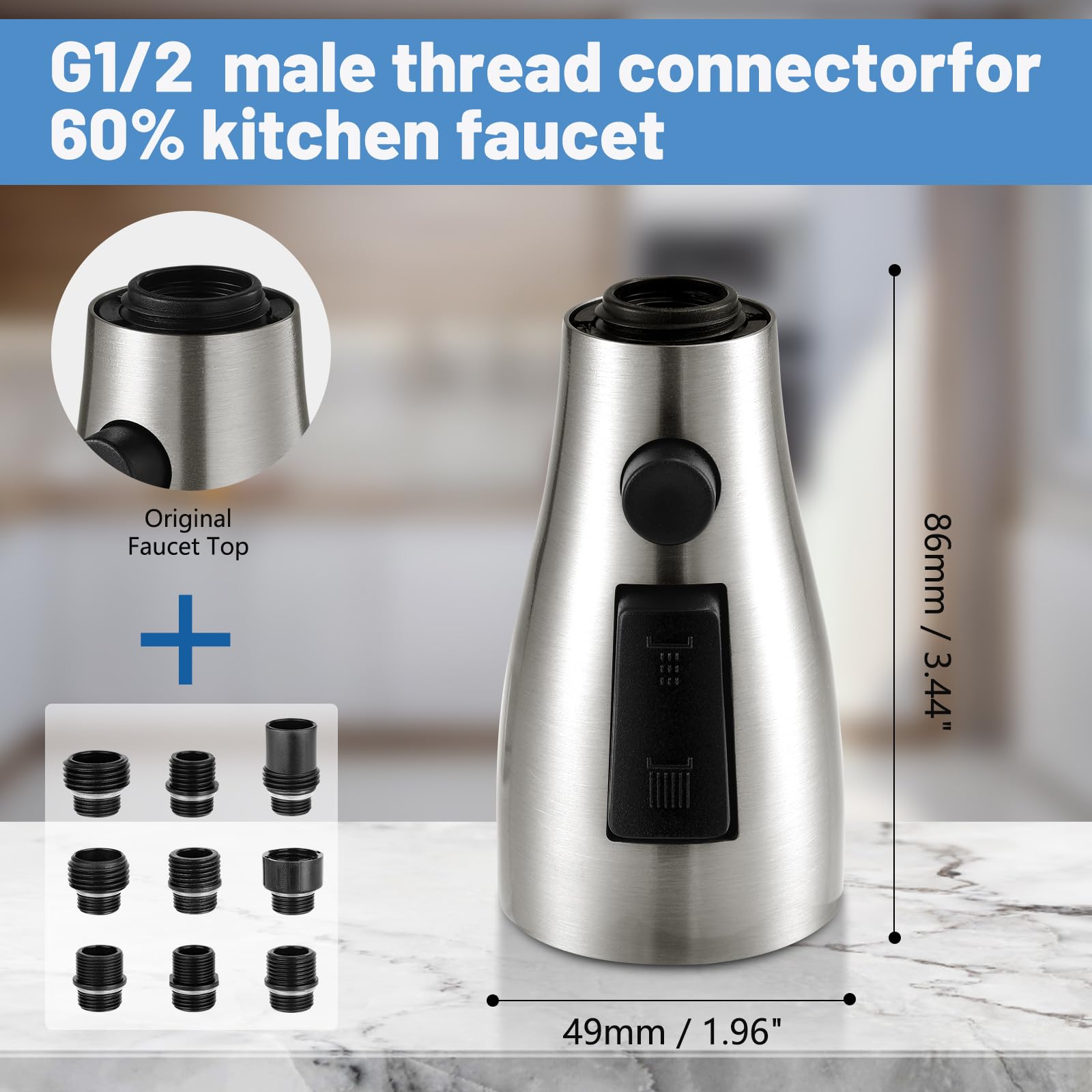 Pzto Kitchen Faucet Head Replacement,Rust-Proof, Fits All Pull Down Sink Faucets Metal Sprayers Parts, With 10 Adapters, 3-Function Cleaning, Compatible With American Standard Brushed Nickel