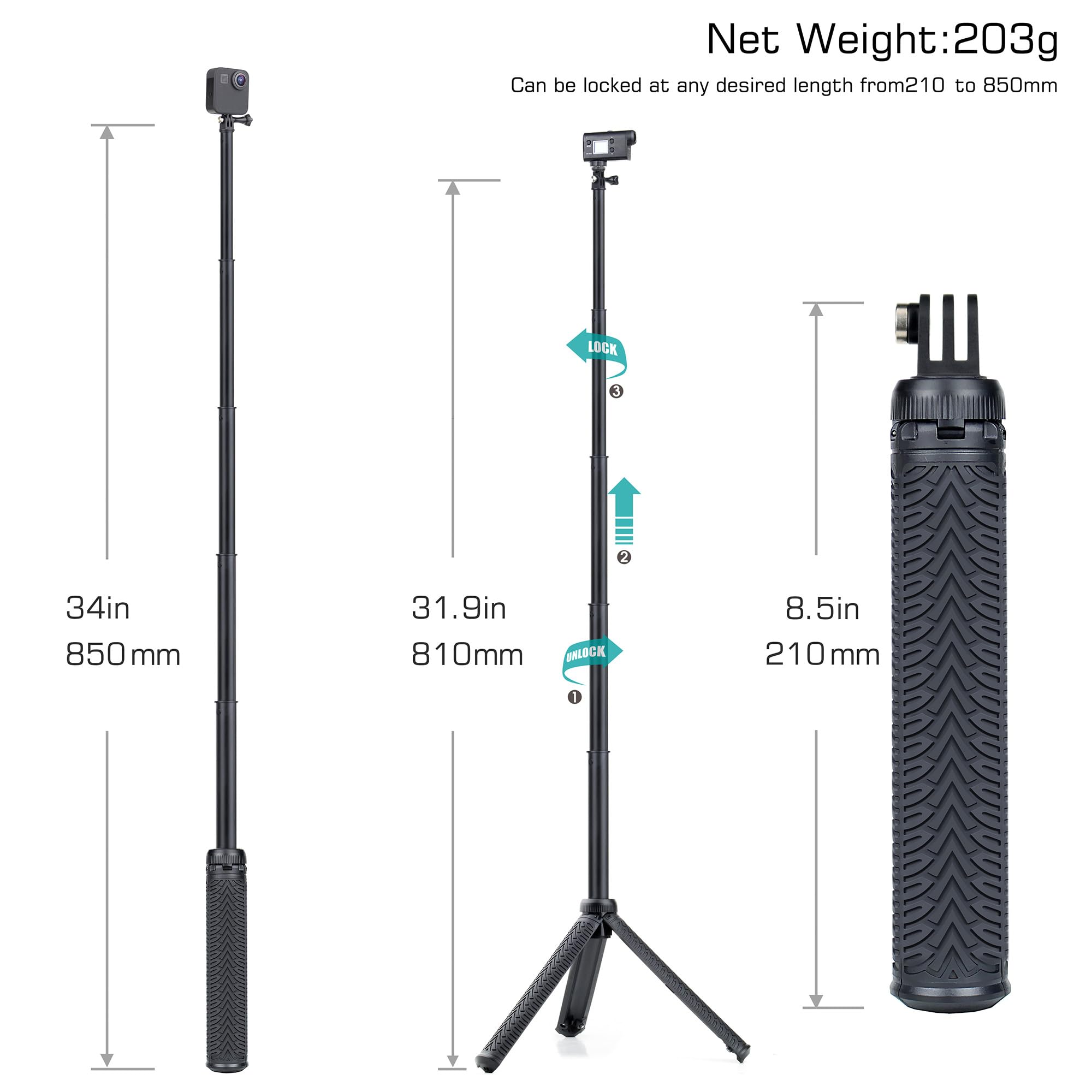 Gepuly 34''Waterproof Selfie Stick Underwater Tripod Pole Monopod For Phone Gopro Hero 13 12 11 10 9 8 7 6 5 4, Fusion, Akaso,Sjcam,Dji Action Cameras(3-In-1: Hand Grip,Selfie Stick,Tripod Stand)