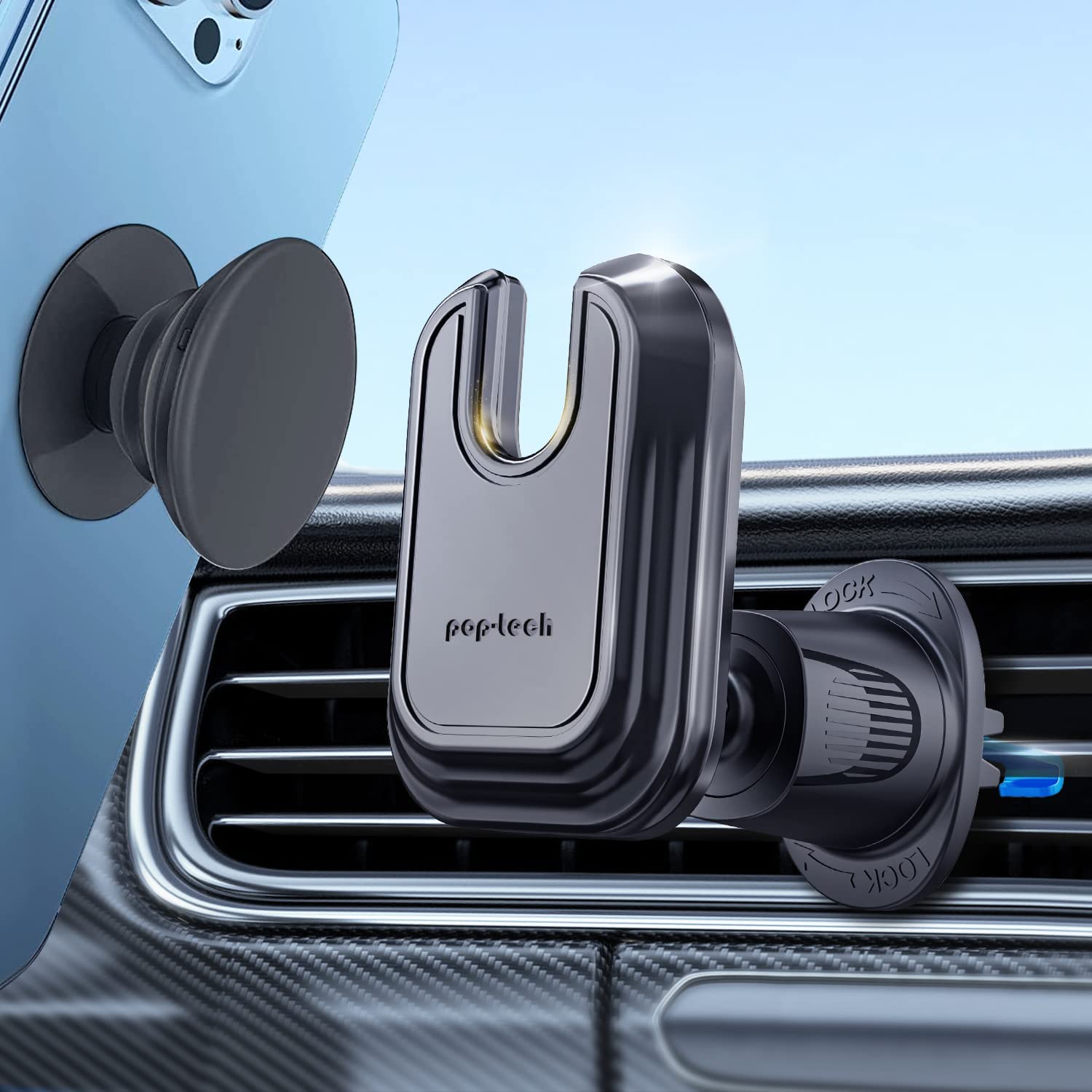 Pop-Tech Car Vent Phone Mount For Thick Socket Grip, Air Vent Clip Phone Holder Compatible With Magsafe Wallet Black & Iphone Samsung Card Holder, Cellphone Stand With Sticky Adhesive