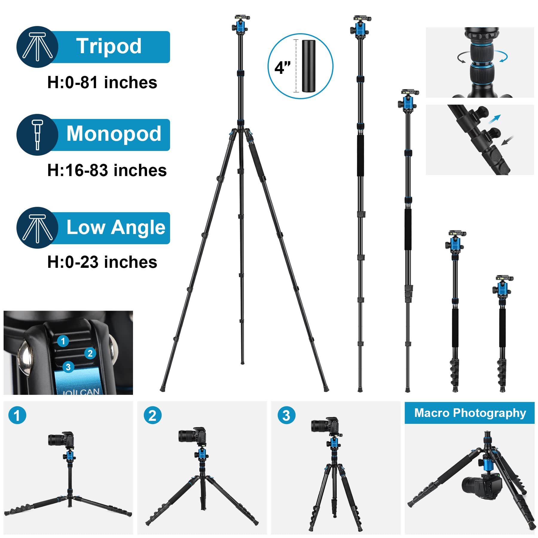 Joilcan Tripod For Camera, 81" Camera Tripod Stand, 83 Inches Dslr Tripods & Monopods, Heavy Duty Travel Tripod For Binoculars Laser Level Spotting Scope Telescope, Professional Complete Tripod Units