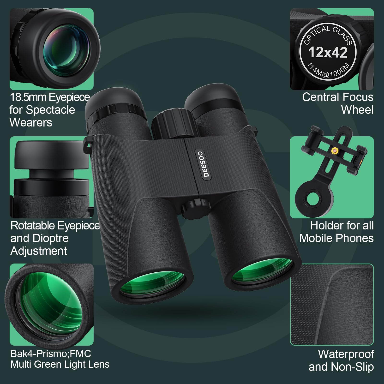 Deesoo 12X42 Hd Binoculars For Adults High Powered - Binoculars For Bird Watching With Large Field Of View - High Magnification Binocular With Phone Adapter, Plastic Tripod For Hiking Hunting
