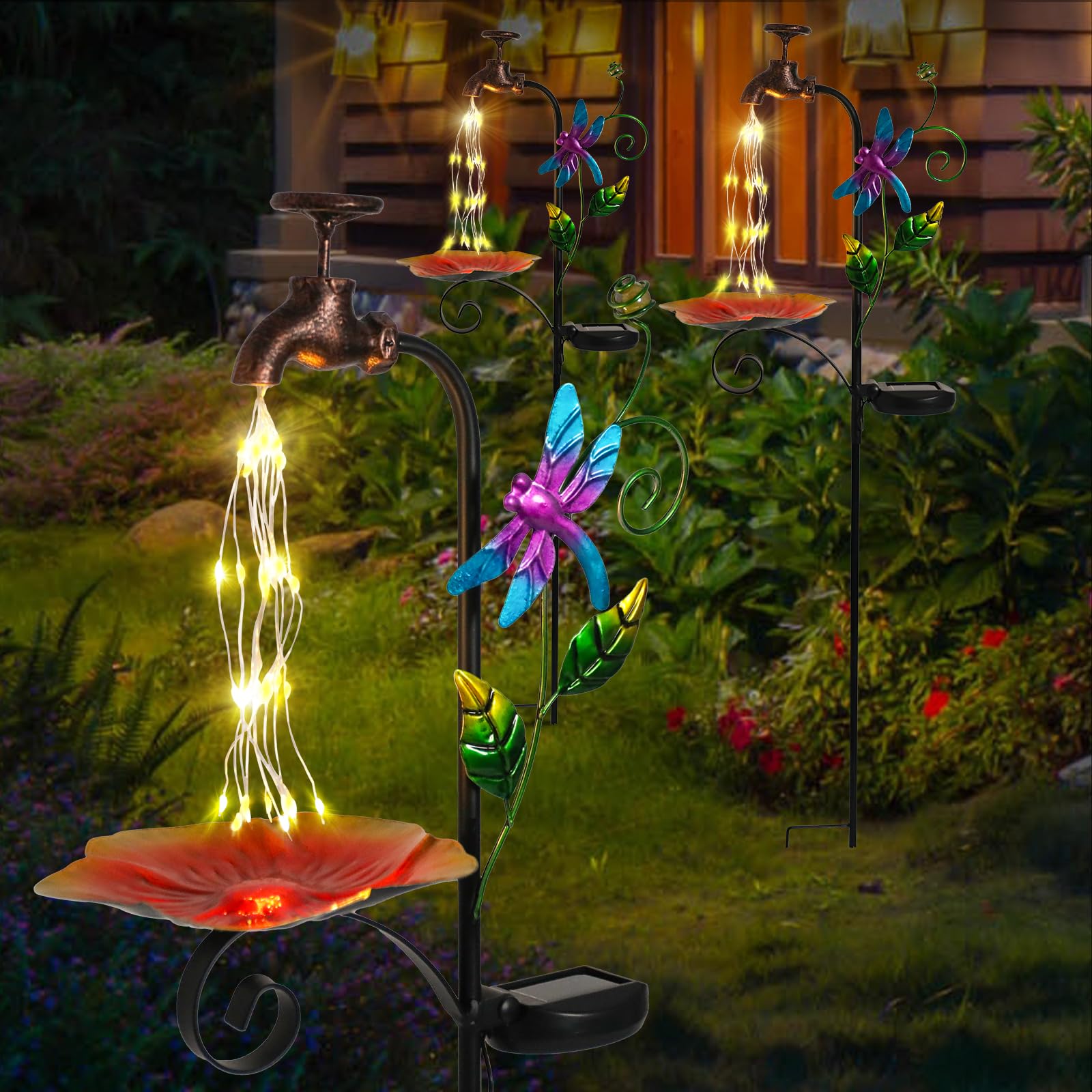 Afirst Solar Outdoor Lights Decorative Solar Dragonfly Lights With Bird Feeder Faucet Shaped Lighted Solar Garden Stake Decorations For Pathway Lawn Patio Courtyard Backyard