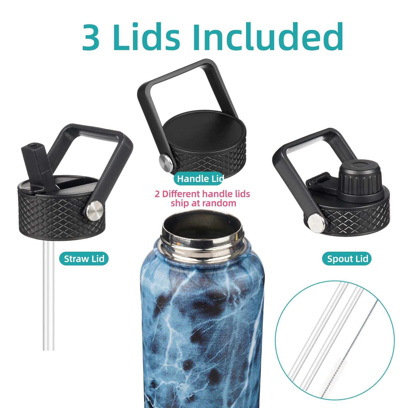 40Oz Insulated Water Bottle Stainless Steel Sport Bottles With 3 Lids,Marble Ocean