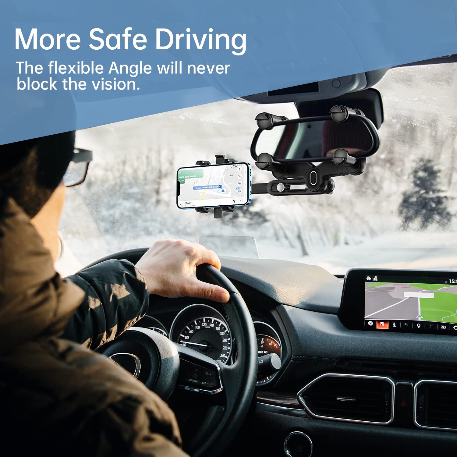 Wuitin Rearview Mirror Phone Holder For Car,360°Rotatable And Retractable Multifunctional Rear View Mirror Phone Holder,Four Corners Fixed Anti-Shake Design,For All Mobile Phones And All Car