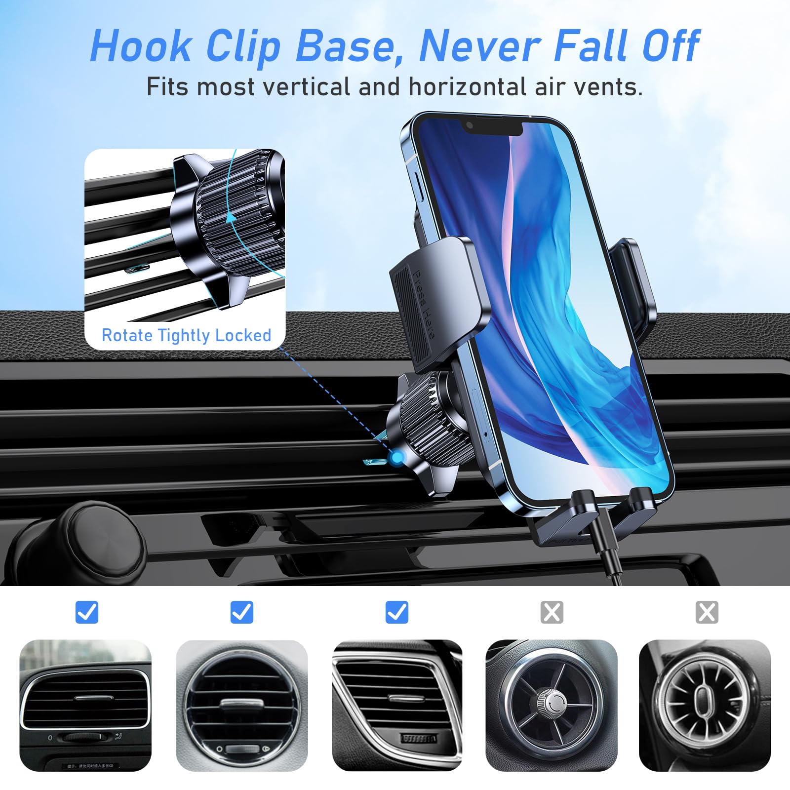 Blukar Car Phone Holder Mount, Super Stable Air Vent Cell Phone Car Mount With  Metal Hook Clip, 360° Rotation,One Button Release For Iphone, Samsung, Google, And All Other Smartphones
