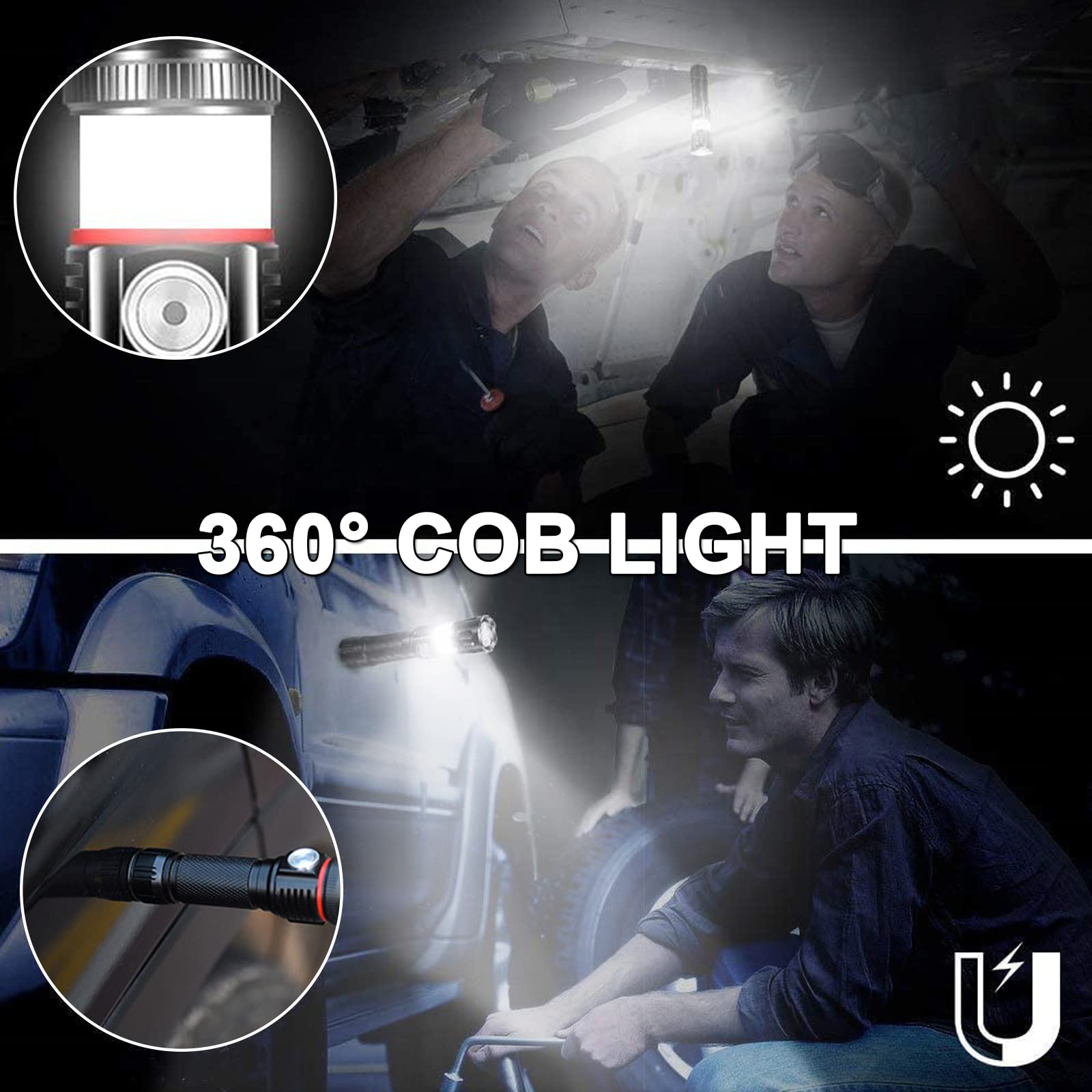 Punlim Led Rechargeable Flashlight, Portable Bright Tactical Flashlights, Magnetic Flashlight With 360°Cob Light, Zoomable, Waterproof, 4 Modes Lights For Camping Emergencies Car Walking (2 Pack)