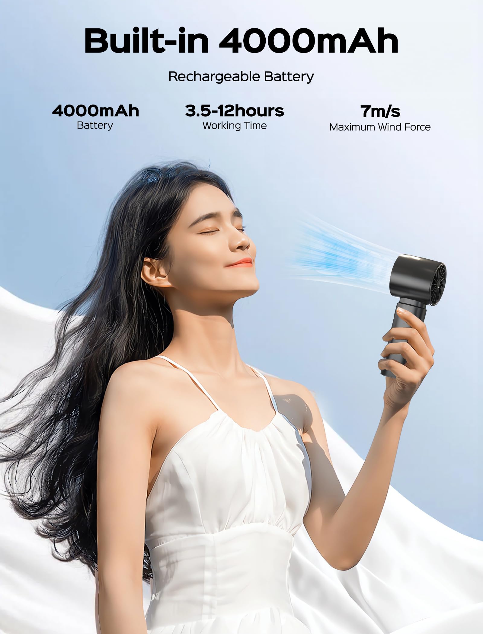 Portable Handheld Fan, High-Speed Personal Mini Fan, Usb Rechargeable 4000Mah Battery