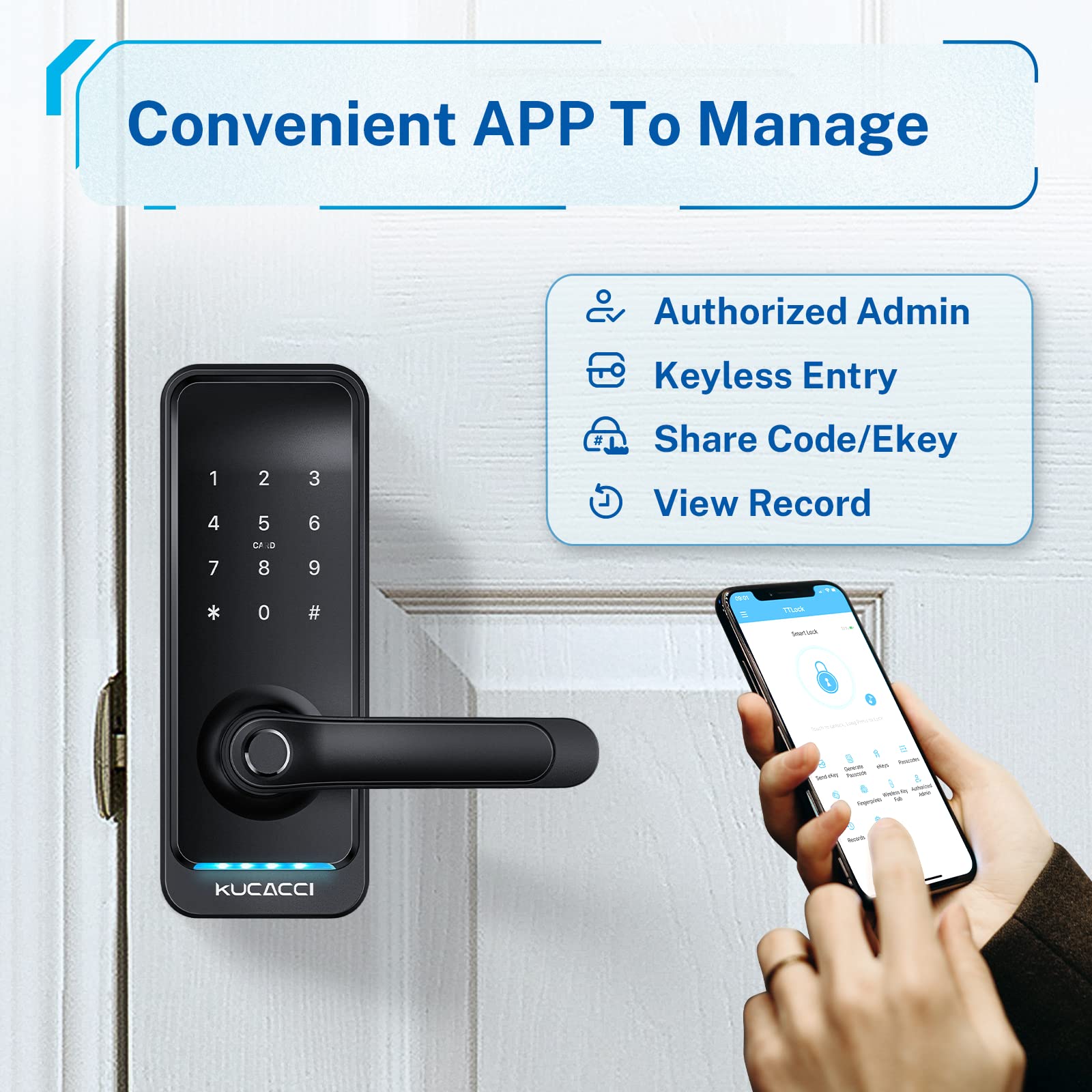 Kucacci Smart Door Lock With Handle: Keyless Entry Digital Door Lock For Front Door - Fingerprint Keypad Smart Dnob - Generate Passcode Remotely - App Control - Easy Installation(Black)