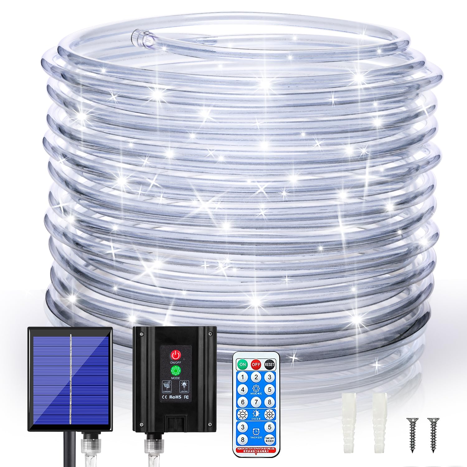 Anjaylia Solar Outdoor Rope Lights, 66Ft 200Leds Solar Powered Rope Lights Outdoor, 8 Modes Dimmable/Timer Remote String Light 3.7V/1200Mah Rope Solar Lights Outdoor Waterproof For Garden Decor, White