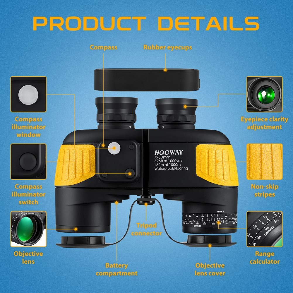 Hooway 7X50 Waterproof Fogproof Military Marine Binoculars W/Internal Rangefinder & Compass For Navigation,Boating,Fishing,And More