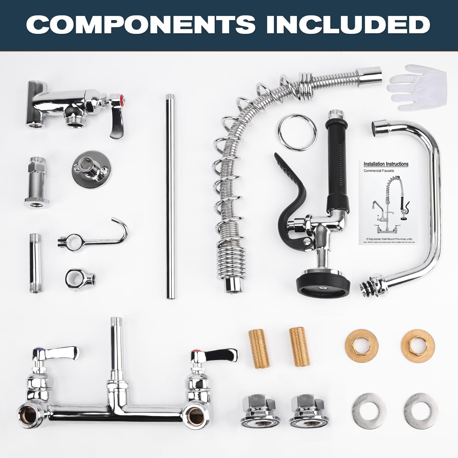Bzimak Commercial Sink Faucet - 21" Height Commercial Faucet Wall Mount With Pre-Rinse Sprayer - 8" Adjustable Center And 8" Add-On Swing Spout, Commercial Kitchen Faucet With Pull Down Spray