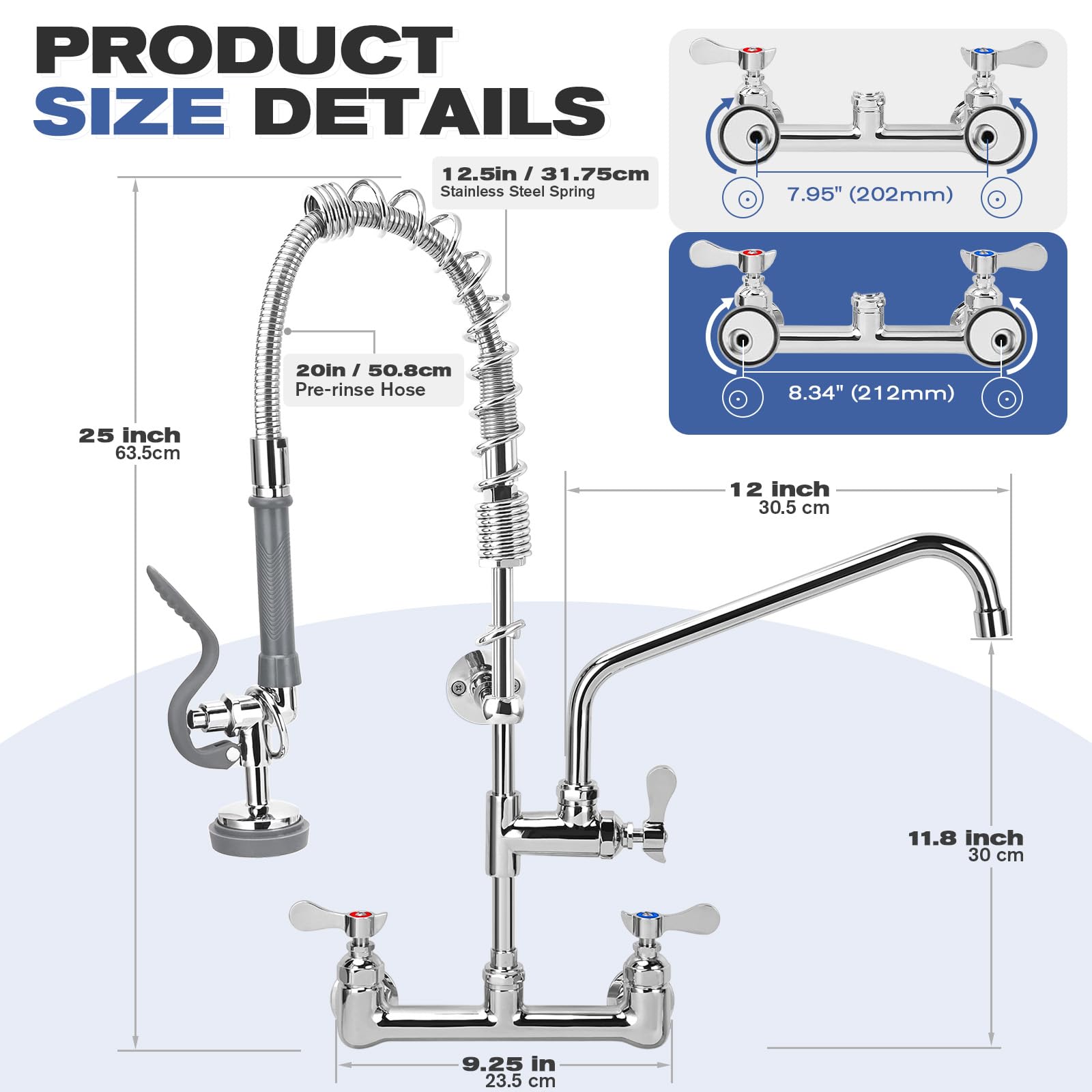 Pgkkle 25" Height Commercial Kitchen Faucet Wall Mount With Pre-Rinse Sprayer, 8 Inch Center Wall Mount Sink Faucet With 12" Swing Spout ，Commercial Sink Faucet For Commercial Restaurant Industrial Kitchen.