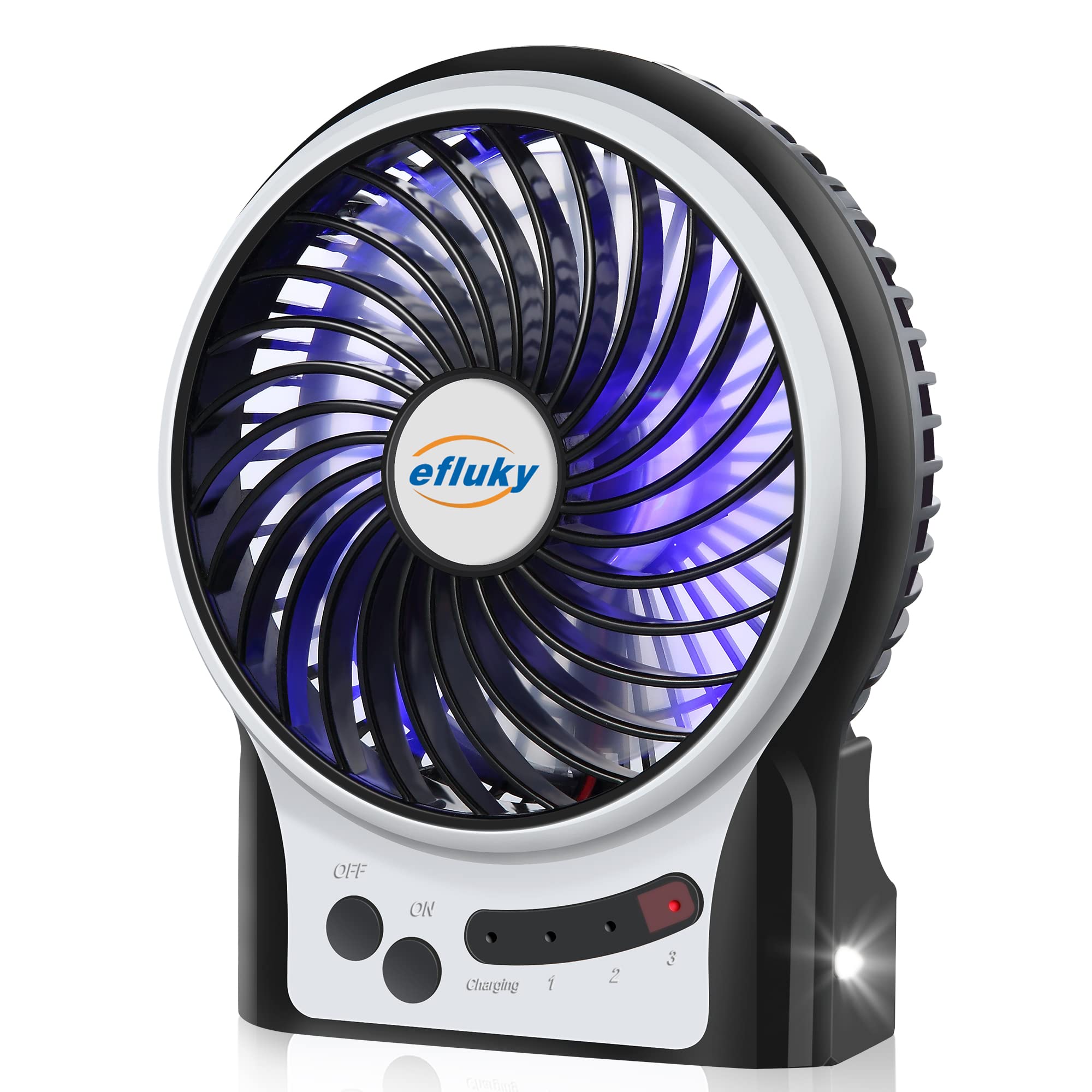 Efluky 3 Speeds Mini Desk Fan, Rechargeable Battery Operated Fan With Led Light And 2200Mah Battery - Koospark