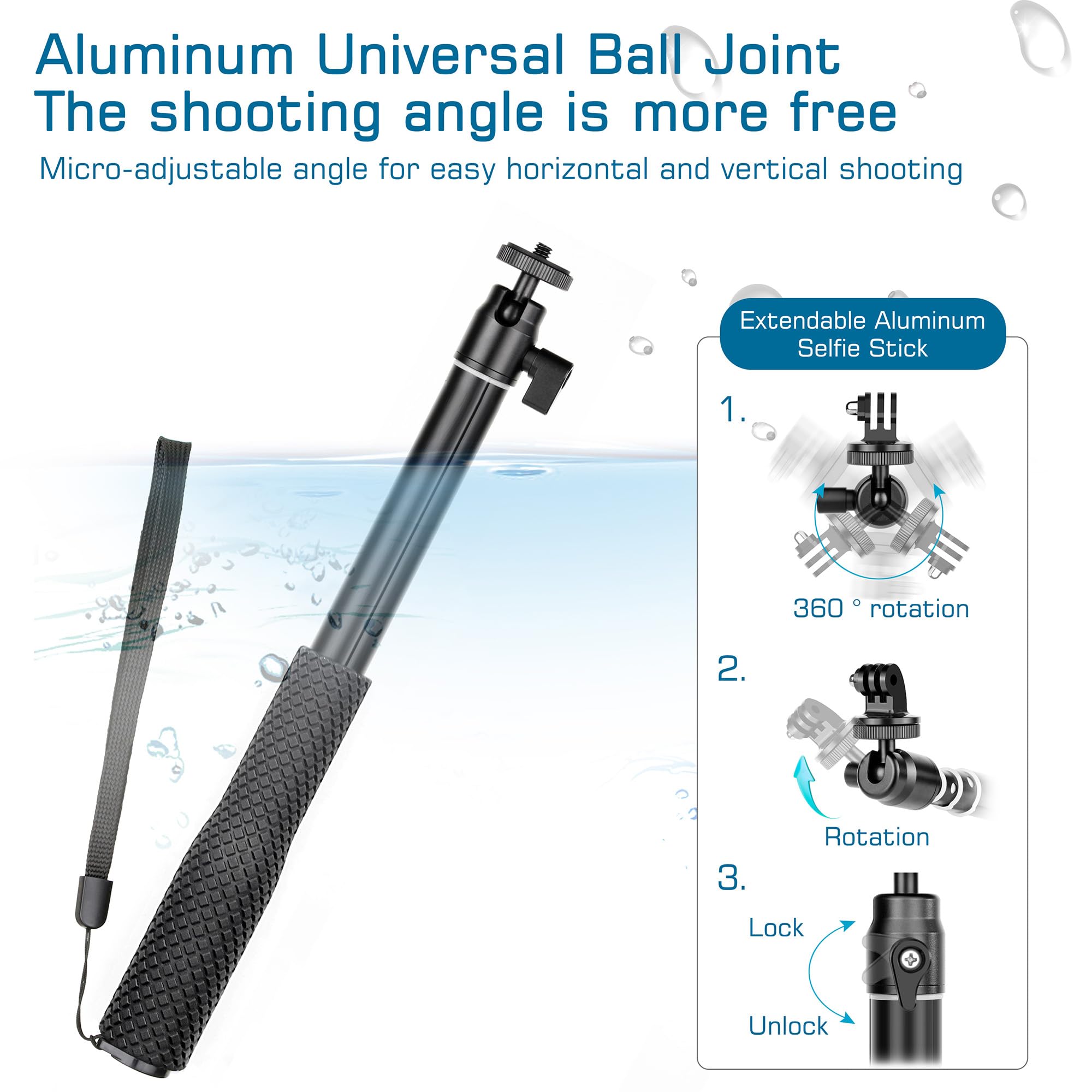 Gepuly 360°Ballhead Waterproof Selfie Stick With Tripod Stand Phone Holder- Underwater Selfie Stick Pole - For Gopro Hero 13 12 11 10 9 Insta360 Akaso Dji Osmo Vlog Diving Monopod