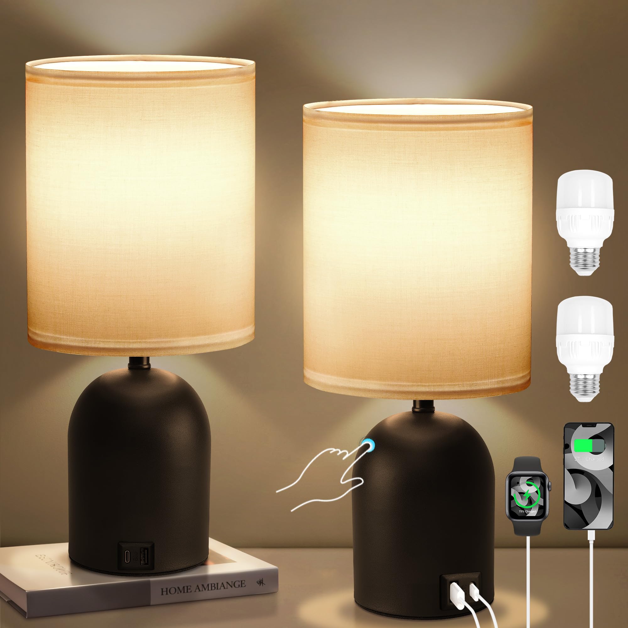 Fttoyoly Bedside Black Table Lamps Set Of 2 For Bedroom, 3 Way Dimmable Touch Nightstand Lamp With Usb C And A Ports Small Table Desk Lamp For Bedroom, Reading Room, Office, Dorm Black/White