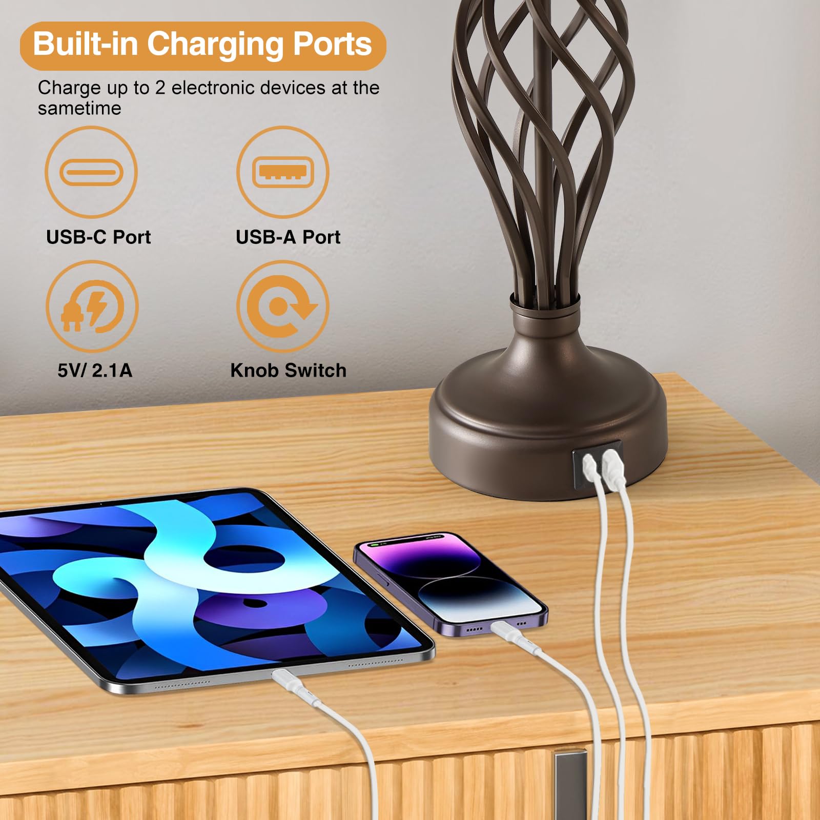 Ejiaxin Table Lamp For Bedroom Set Of 2 With Usb C+A Ports - Modern Brown Bedside Lamps With Spiral Cage Base Fabric Shade - Nightstand Lamp For Living Room Reading Bed Side End Table 2 Led Bulbs Included