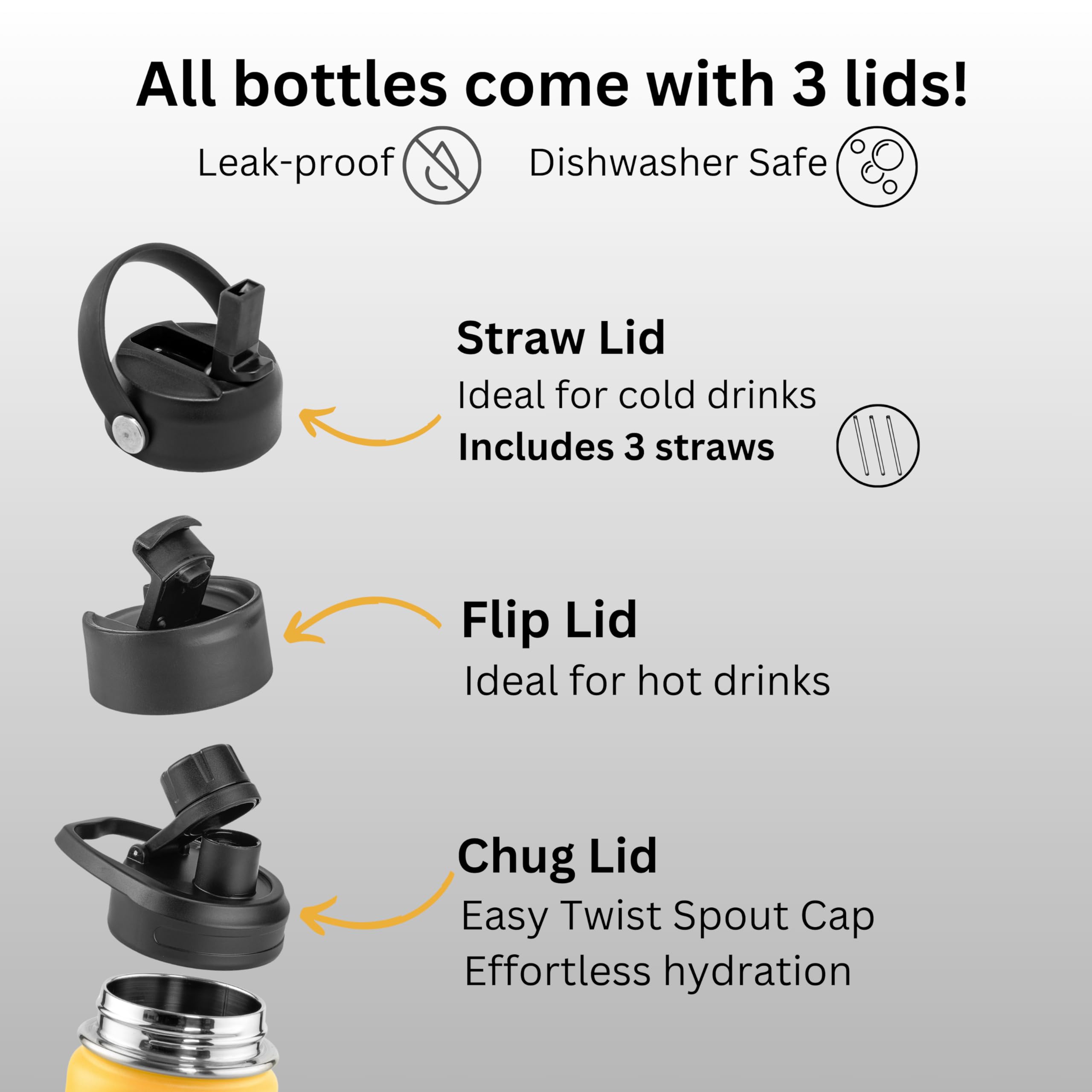 Insulated Water Bottle 22Oz. - Stainless Steel, Spill-Proof, Slim Thermos With 3 Lids