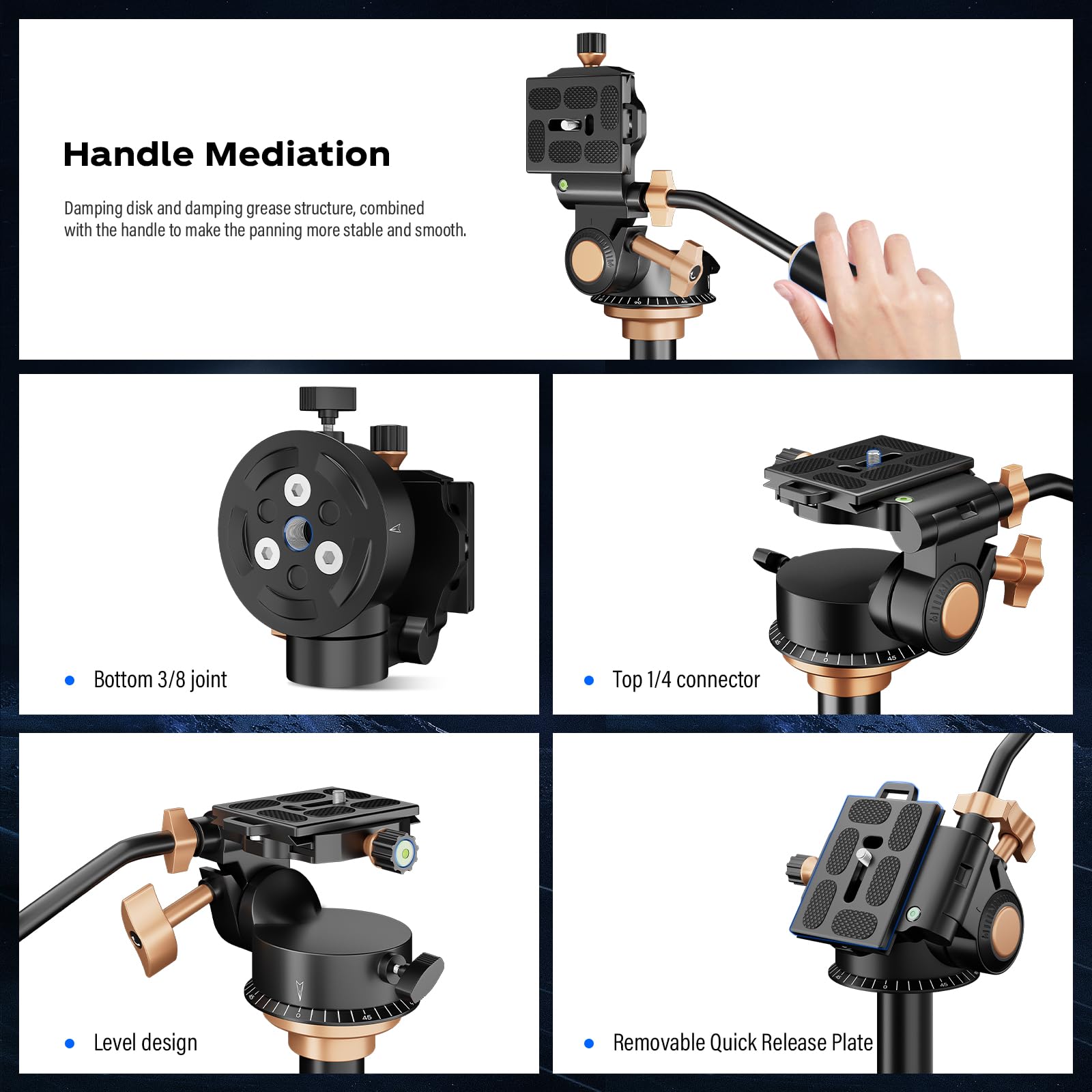 Soonpho Q-08S Heavy Duty Video Camera Tripod Fluid Drag Pan Head With Extended Handle For Dslr Camera,Camcorders,1/4 & 3/8 Inch Screw Sliding Plate 360 Degree Rotating Tripod Head