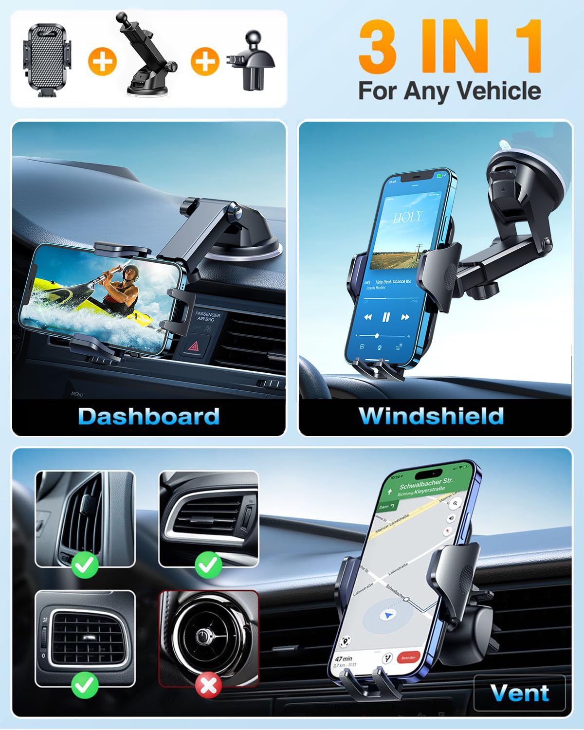 Vanmass Car Phone Holder  Military-Grade Phone Holder For Your Car Windshield Dashboard【 65 Lbs Strongest Suction】【Patent & Safety Certs】 Universal Cell Phone Car Mount For Iphone Samsung Android