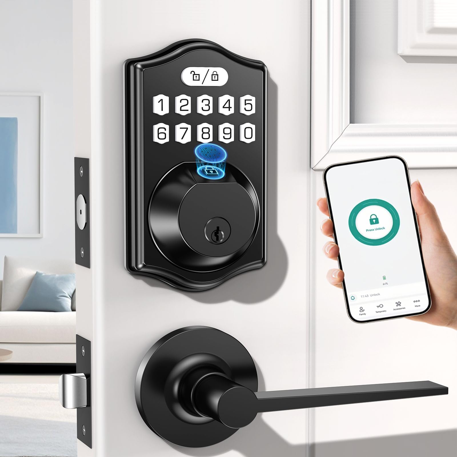 Nbfrutk Keyless Entry Door Lock Deadbolt With Handle Set- Front Door Fingerprint Smart Locks With 2 Lever Handles-Keypad Code Deadbolt -App Control,Auto Lock,Easy To Install