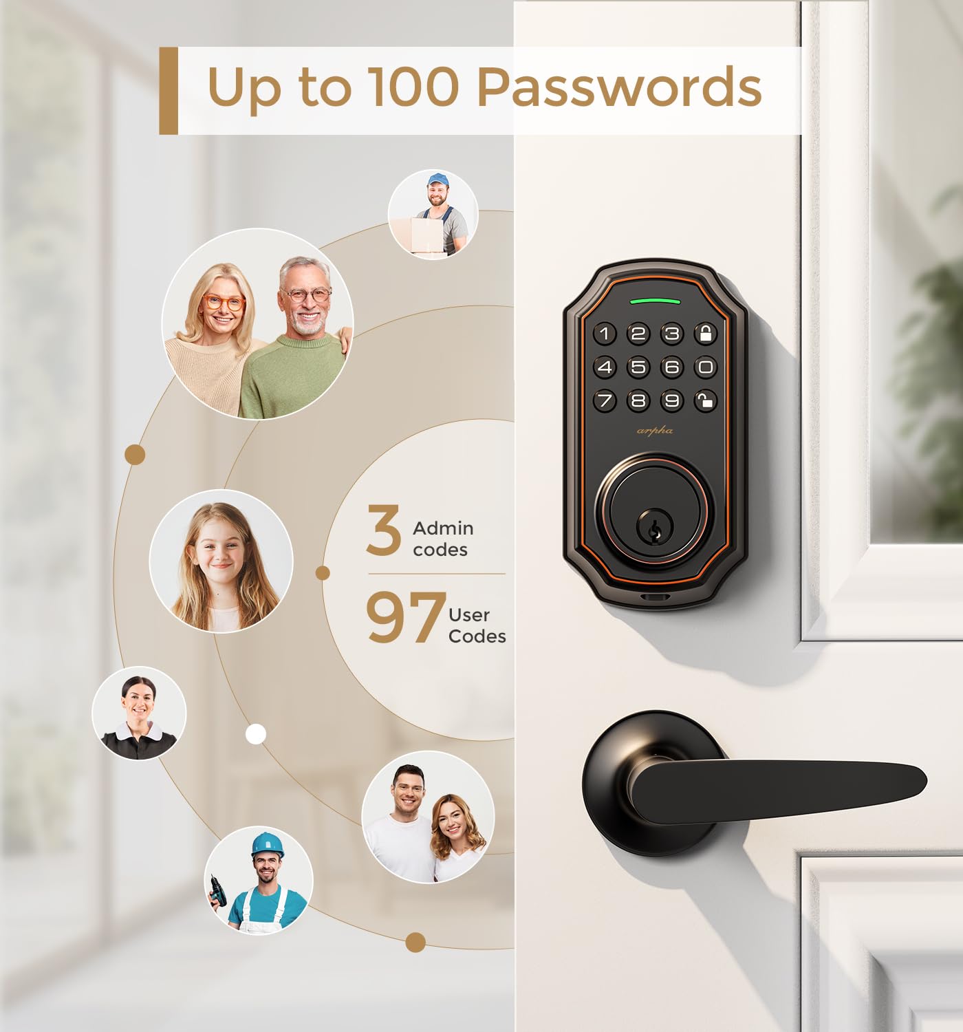 Arpha Keyless Entry Door Lock With 2 Handle Set - Bluetooth Smart Lock - Electrionic Keypad Door Lock With Handle - App Control Front Door Lock Set - Anti Peeping Password - Auto Lock