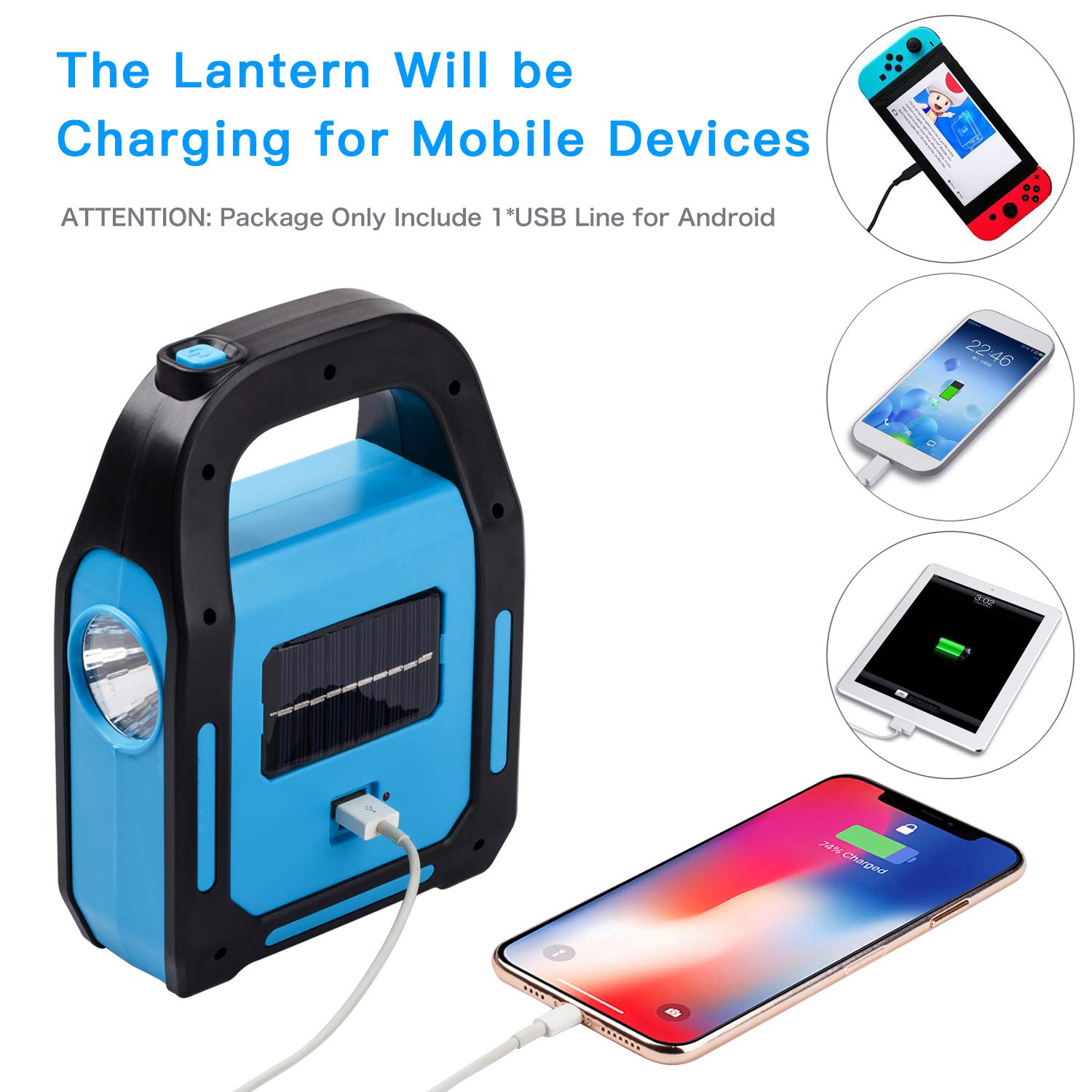 Tansoren 1 Pack 3 In 1 Solar Usb Rechargeable Brightest Cob Led Camping Lantern, Charging For Device, Waterproof Emergency Flashlight Led Light