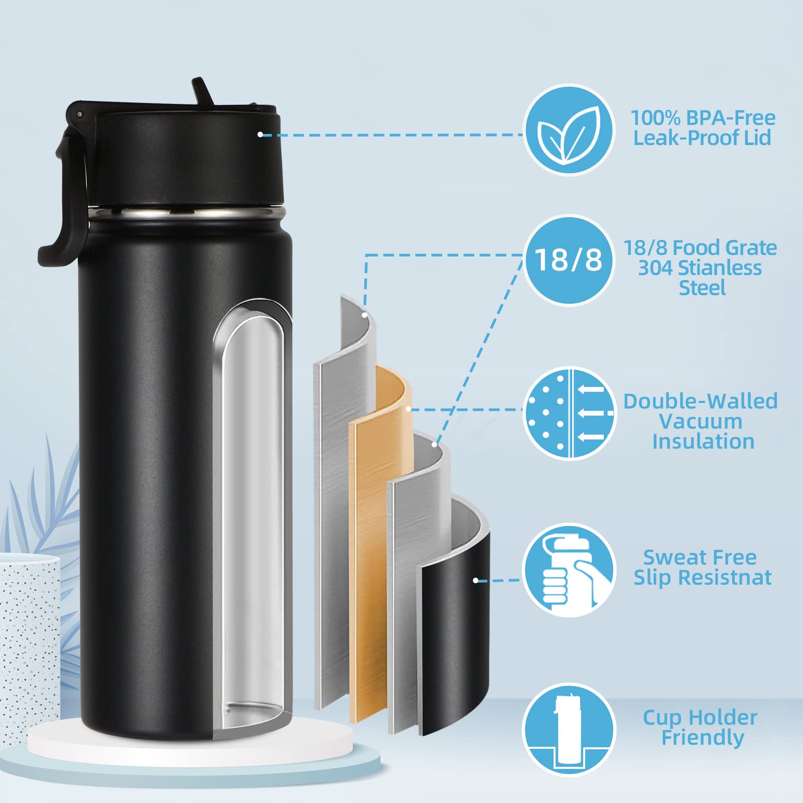 Volhoply 16 Oz Kids Water Bottle Bulk 4 Pack,Insulated Sports Bottles With Straw Lid,Stainless