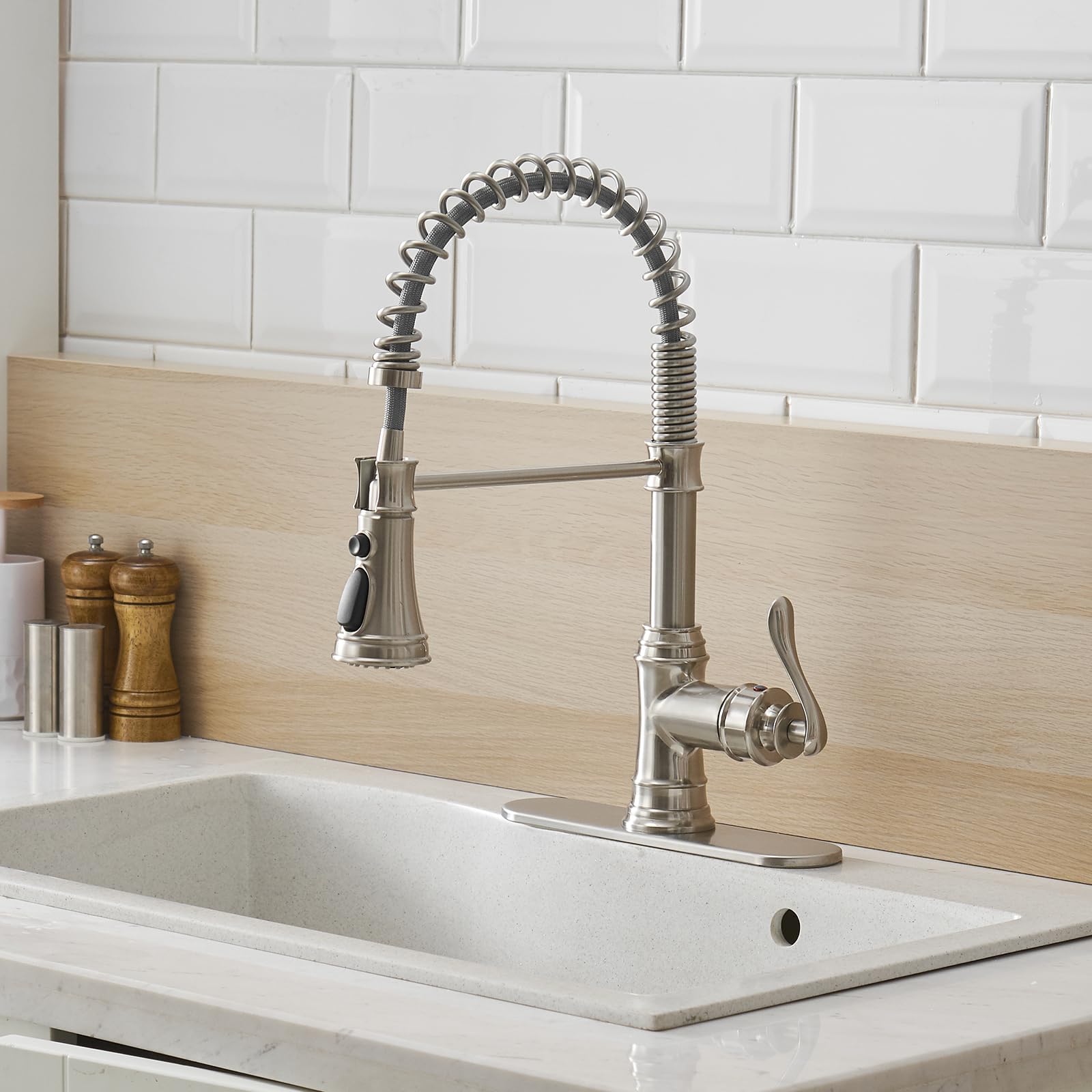 Bathlavish Pull Down Kitchen Faucet With Sprayer Brushed Nickel Bar Sink Farmhouse Single Handle 3-Mode Outlet Solid Brass Brush Pull Out Mixer Tap Commercial With 10-Inch Hole Cover Plate