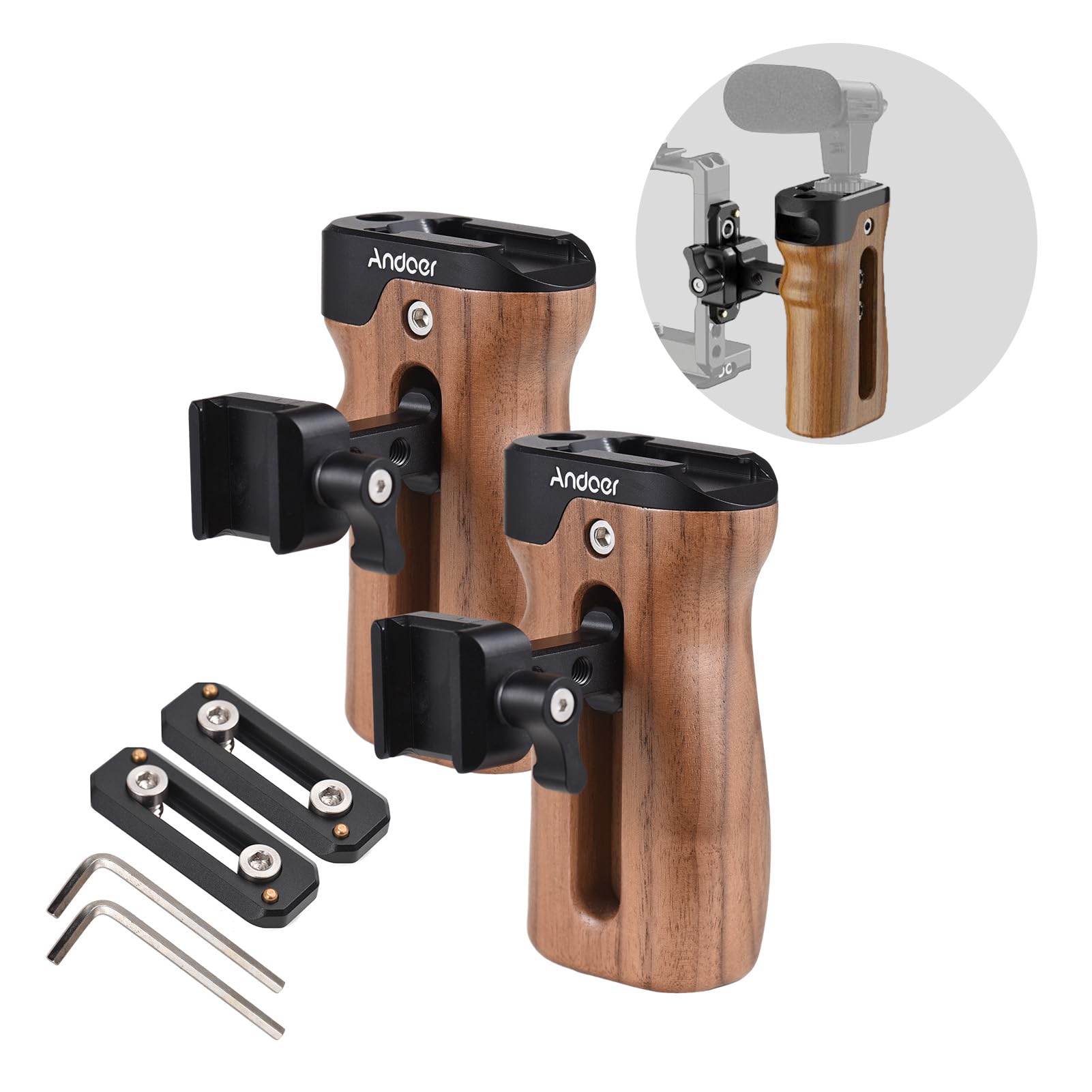 Camnoon Universal Top/Side Handle For Camera Cage Left/Right Side Handgrip With Nato Clamp Cold Shoe Mount Up & Down Adjustable, 2 Pack
