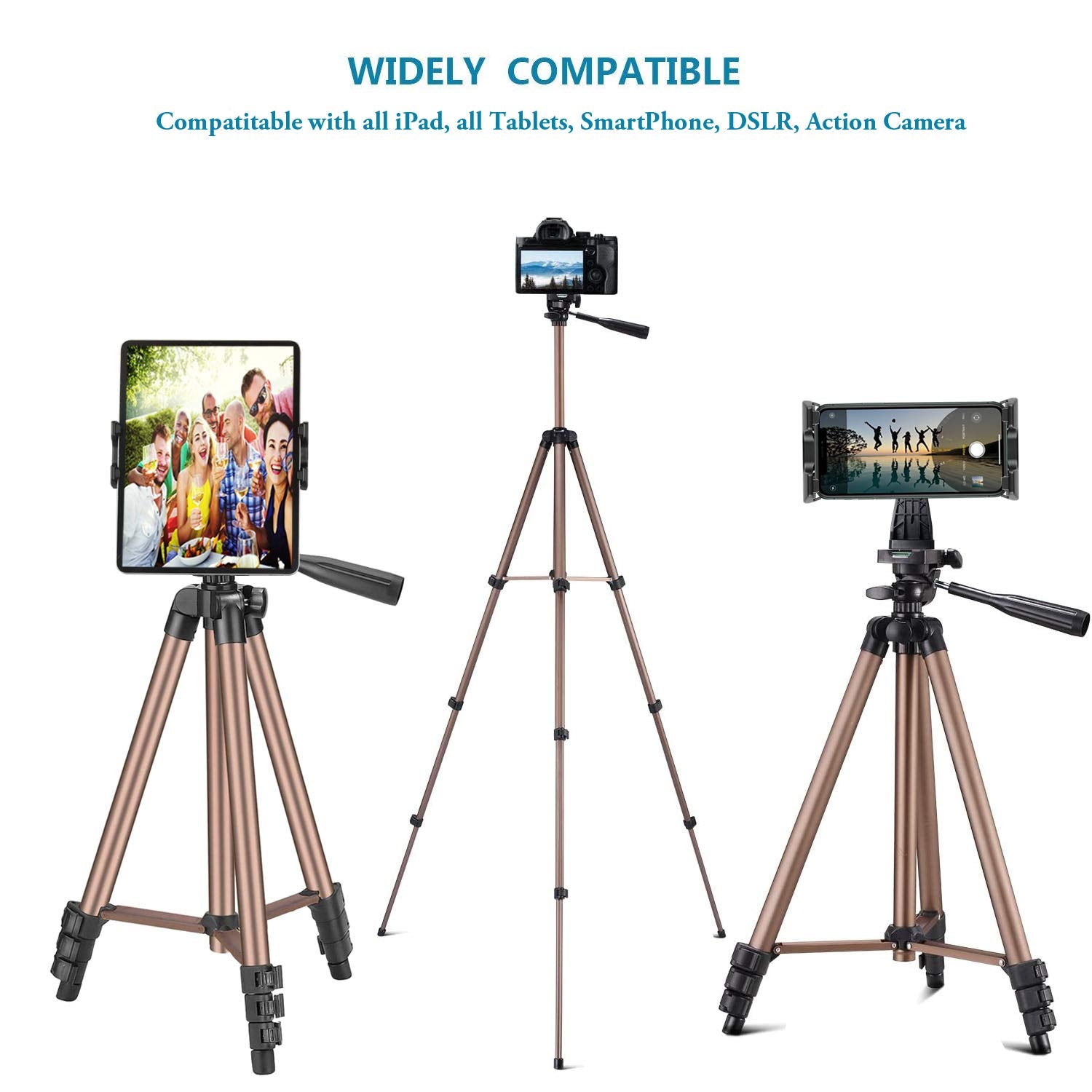 Atoptek Aluminum Tablet Tripod Stand - 51 Inch Adjustable Height Mount Holder For Ipad Pro, Air, Mini, Surface, Galaxy Tab & 3.5 To 13.5In Phone - Champagne