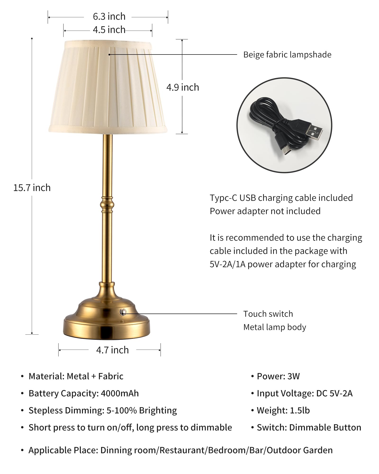 Kdg Cordless Led Table Lamp Set Of 2, Portables Fabric Shade Desk Lamps, 4000Mah Rechargeable Battery Powered Lighting, Dimmable Light For Dining Room, Bedroom, Bedside, Night Light, Balcony (Bronze)