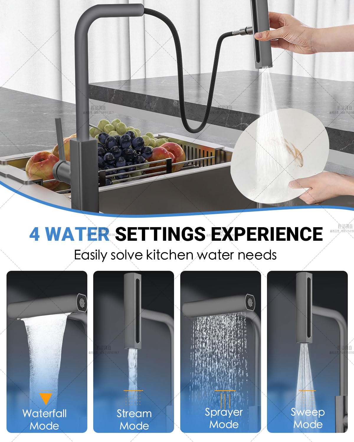 Xianpioo Waterfall Kitchen Pull Down Faucet With Temperature Display In Celsius(Batteries-), Matte Grey Stainless Steel Widespread Kitchen Faucet, 4 Function Sprayer & 360 Swivel Spout For Kitchen Rv Bar