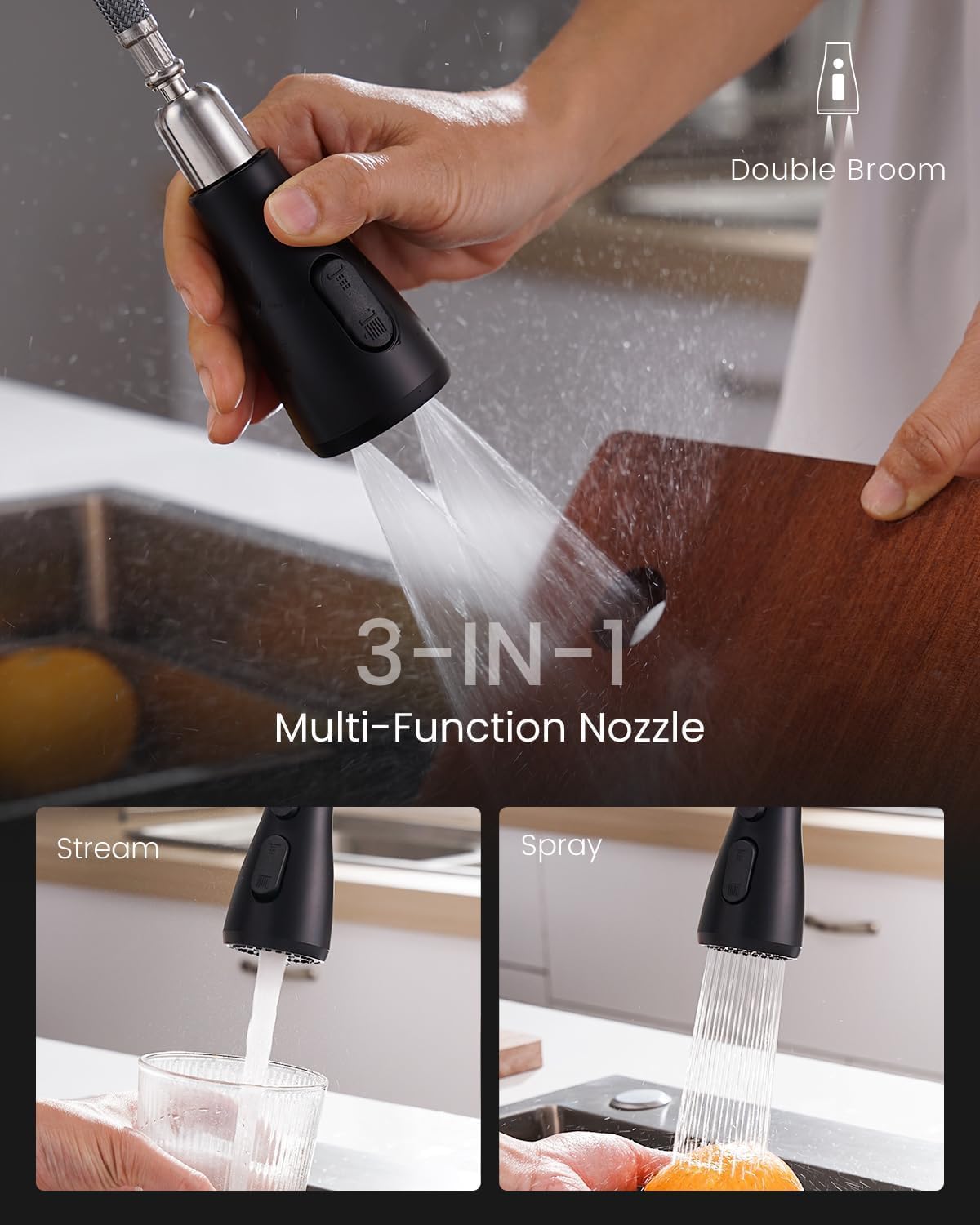 Appaso 2 Hole Kitchen Faucet, 3 Modes Matte Black Kitchen Faucet With Pull Down Sprayer, High Arch Kitchen Sink Faucet With Side Single Handle 2 Pieces