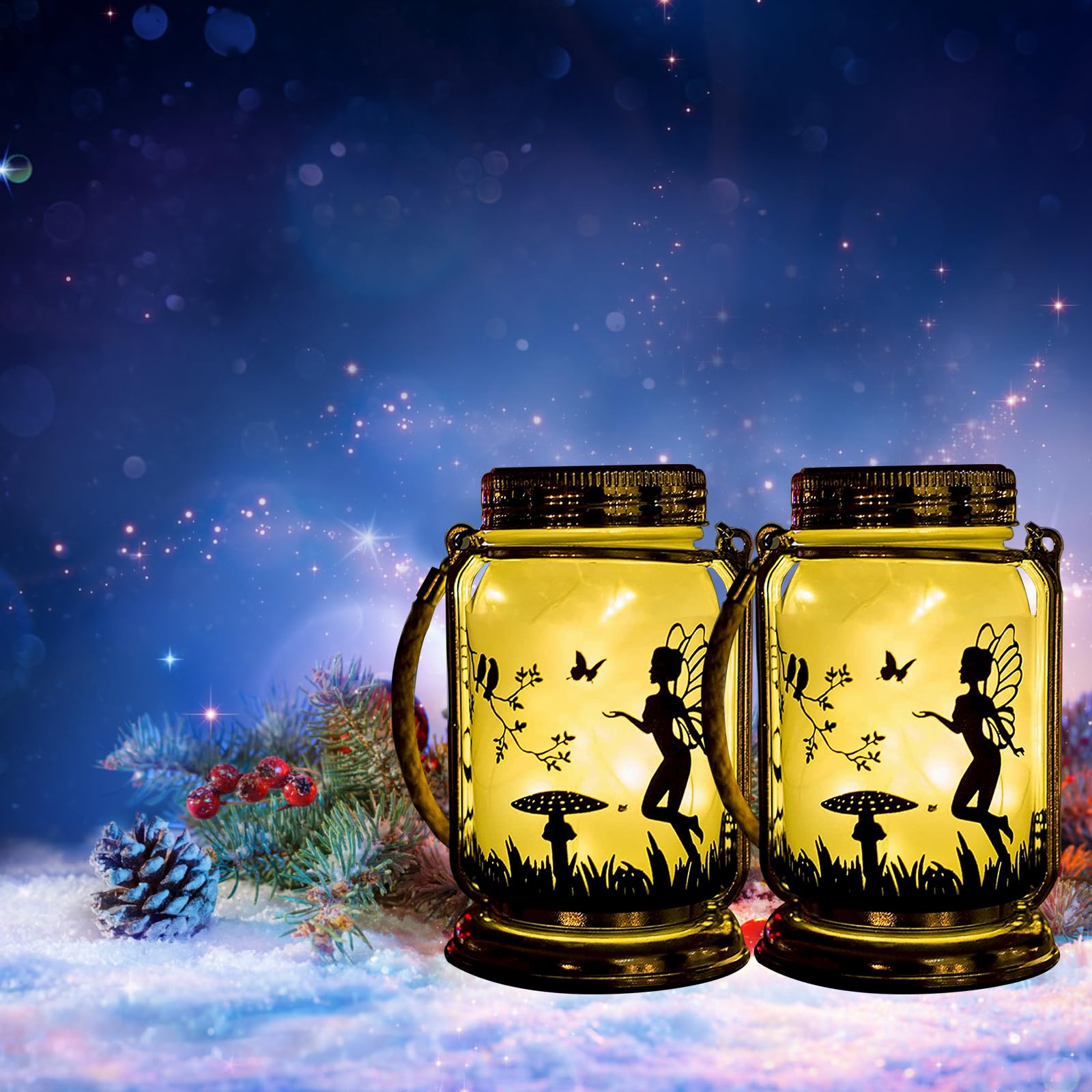 Vcdsoy 2 Pack Solar Hanging Mason Jar Lantern-  For Mom Women Grandma ,Outdoor Ornaments Decorations- Solar Fairies Night Lights With Stakes Frosted Glass Waterproof Jar For Yard Patio Lawn