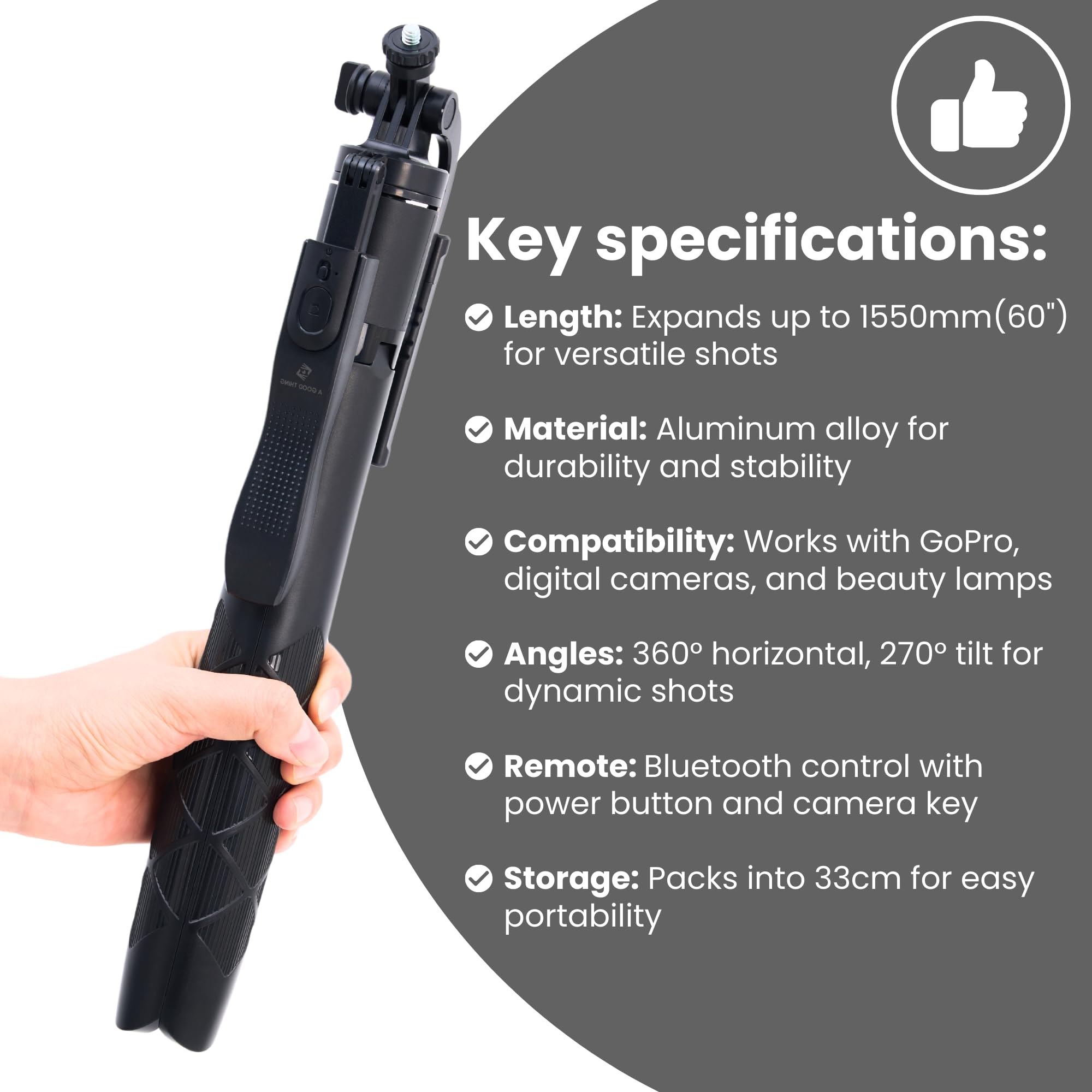 A Good Thing 61" Selfie Stick Tripod With Wireless Remote - 360° Rotating Phone Tripod Stand, Foldable & Portable Design - Compatible With Smartphones, Gopro, Beauty Lights - Travel & Content Creation Essential