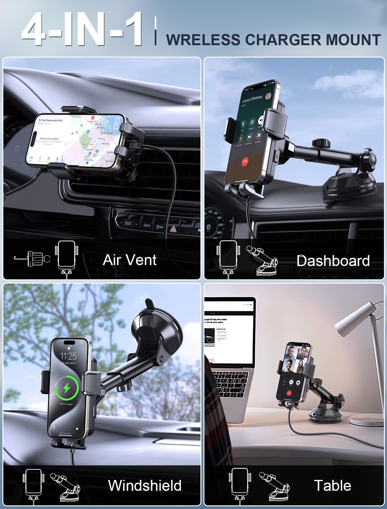 Mokpr Wireless Car Charger, 15W Fast Charging Auto Clamping Dashboard Windshield Air Vent Car Phone Holder With Led Light Car Charger For Iphone 16 15/14/13/12 Pro Max Plus, Samsung S23/S22/S21,Etc