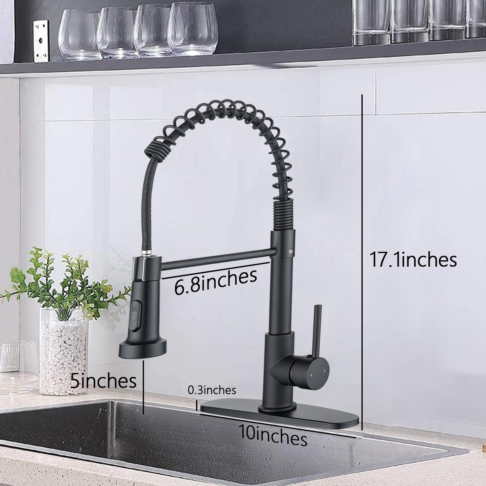 Peicual Kitchen Faucets With Pull Down Sprayer, Matte Black Commercial Sink Faucet, Solid Brass Spring Design, 10-Inch Deck Plate For 1 Or 3-Hole Installation