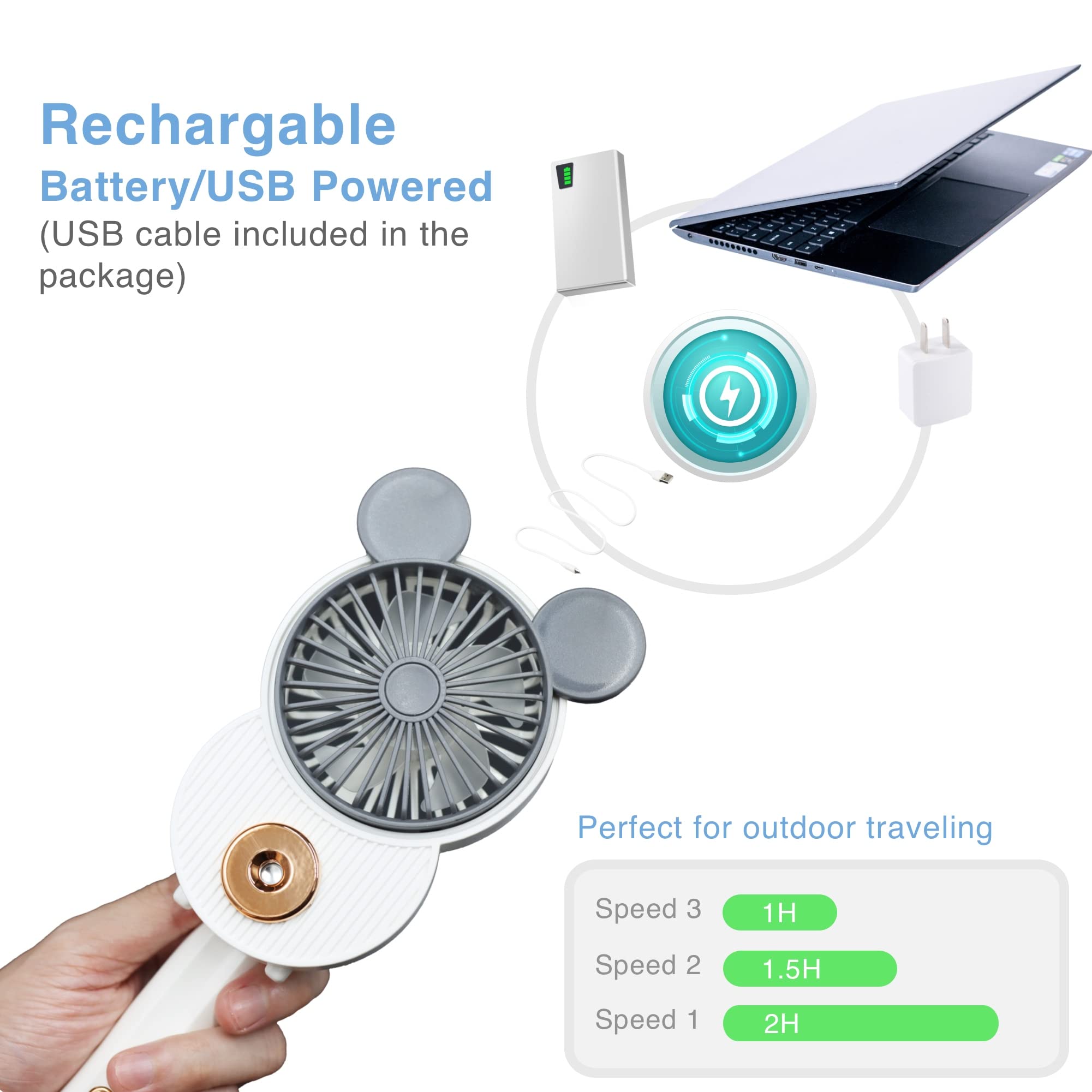 Lacovia Cute Mickey Misting Mini Fan, Handheld Portable Usb Rechargeable Fan With 3 Adjustable Speed