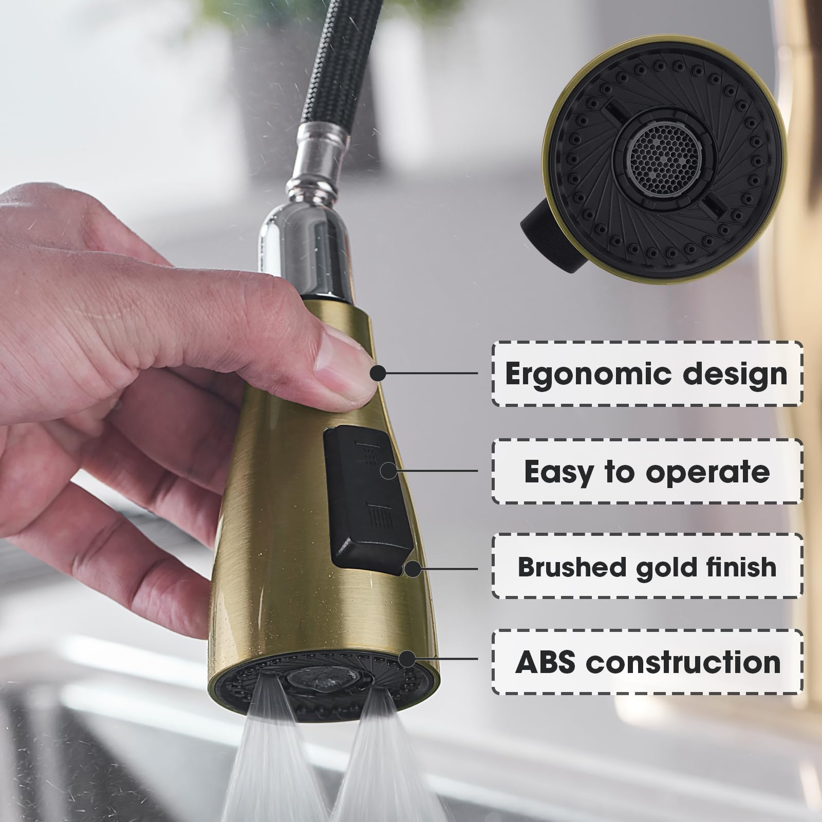 Clovermap Pull Down Kitchen Faucet Sprayer Head Replacement, 3 Function (Blade Spray) Pull Out Sink Spray Nozzle With 9 Adapters, Kitchen Tap Spray Spout Part Connector (Brushed Gold)