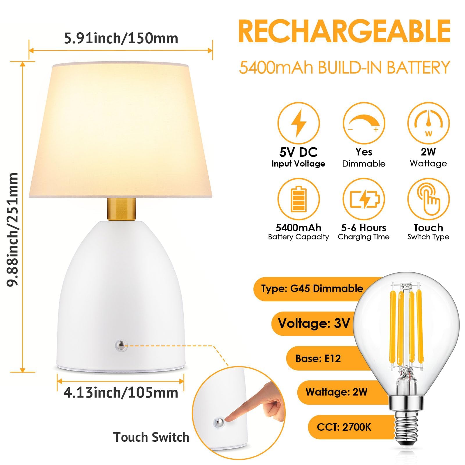 Ggoying Cordless Table Lamp Set Of 2, 5400Mah Rechargeable Battery Powered Desk Lamp, 4-Level Brightness Dimmable Bedside Night Light For Bedroom Camping Balcony, White