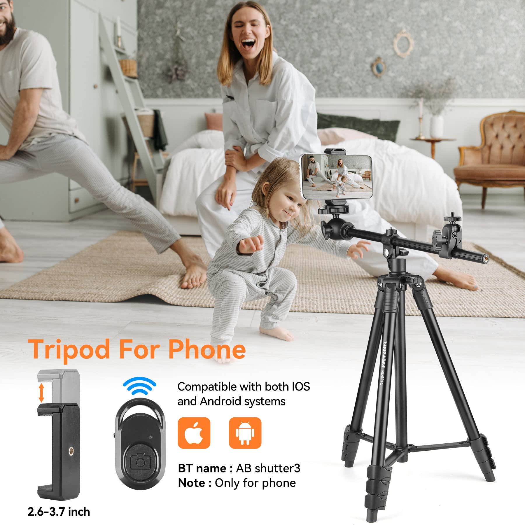 Phosnova 68" Cell Phone Tripod,Overhead Camera Tripod Stand With Remote,360° Rotation Horizontal Extendable Arm Iphone Stand For Recording/Webcam