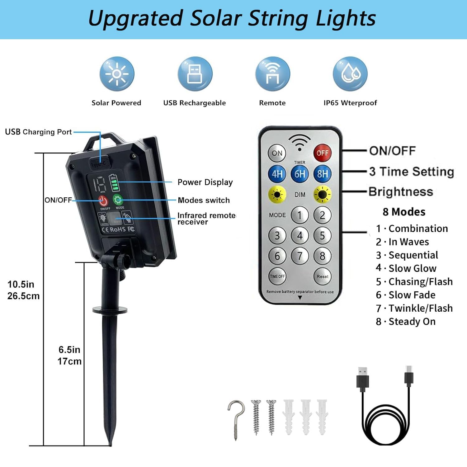 Merrimax M Solar String Lights Outdoor - 65Ft/20M 200 Led Solar Powered String Lights, Usb Charging, Remote, 8 Modes Waterproof Lights For Garden, Yard, Tree Decor- Warm White