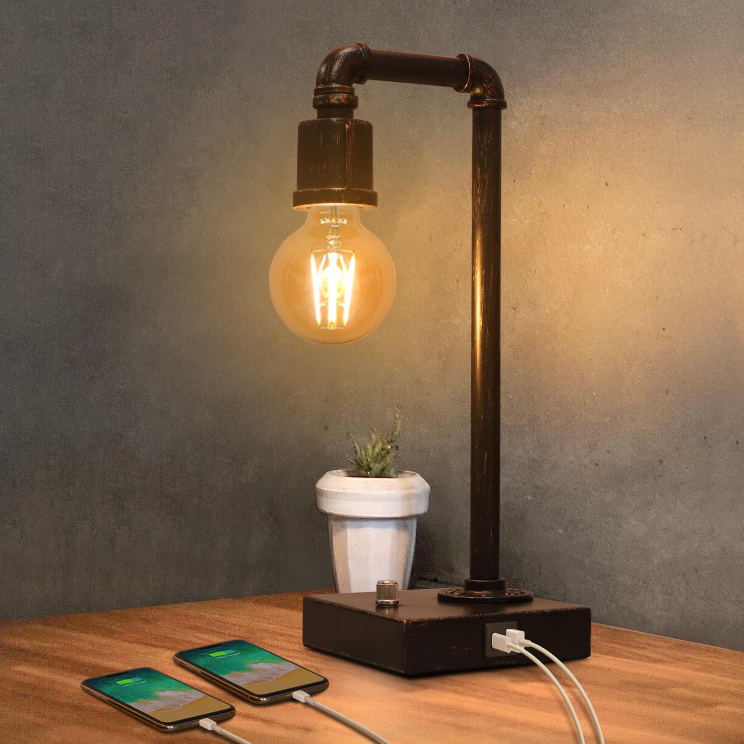 Seaside Village Industrial Table Lamp, Vintage Bedside Lamp With Usb C And Usb A Charging Ports, Dimmable Steampunk Office Lamp Metal Pipe Edison Reading Lamps For Bedroom, Dorm, Farmhouse Decor 6W Led Bulb Included