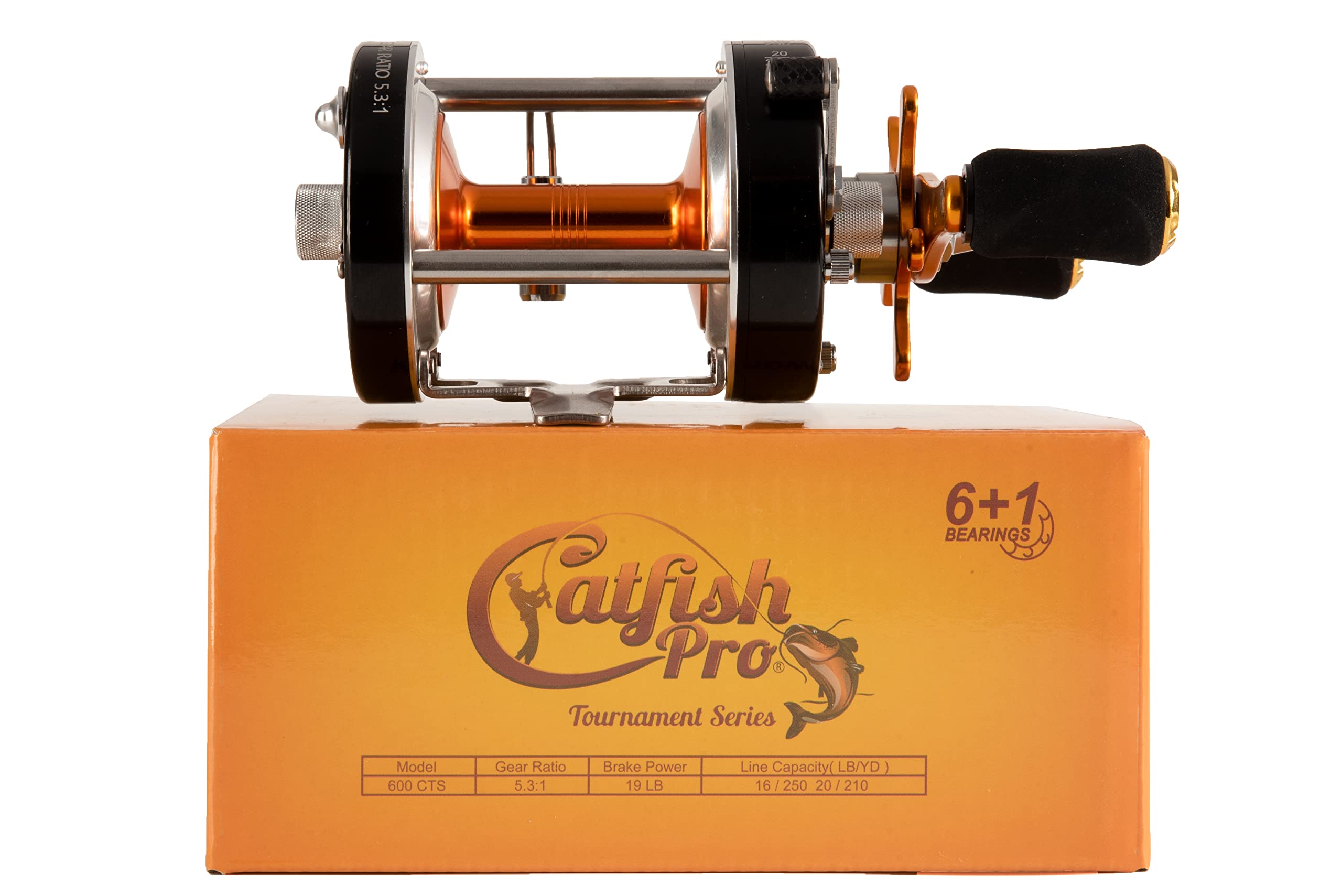 Catfish Pro Tournament Series 600Cts Round Baitcasting Reel - 6+1 Stainless Steel Ball Bearings, 5.3:1 Gear Ratio, 19Lb Drag, Brass Gears, Centrifugal Brake, Durable & Powerful For Big Catfish Fishing
