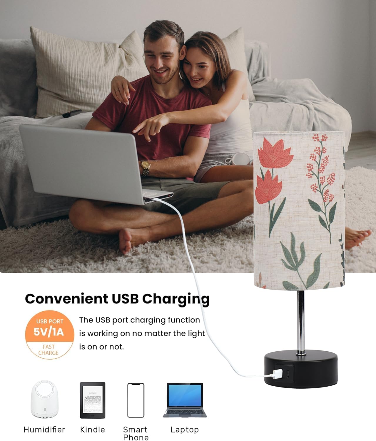 Lanmonlily Touch Control Desk Lamp With 2 Usb Ports, 3-Way Dimmable Bedside Lamp For Bedroom, Nightstand Lamp With Round Flower Fabric Shade For Living Room, Home Office