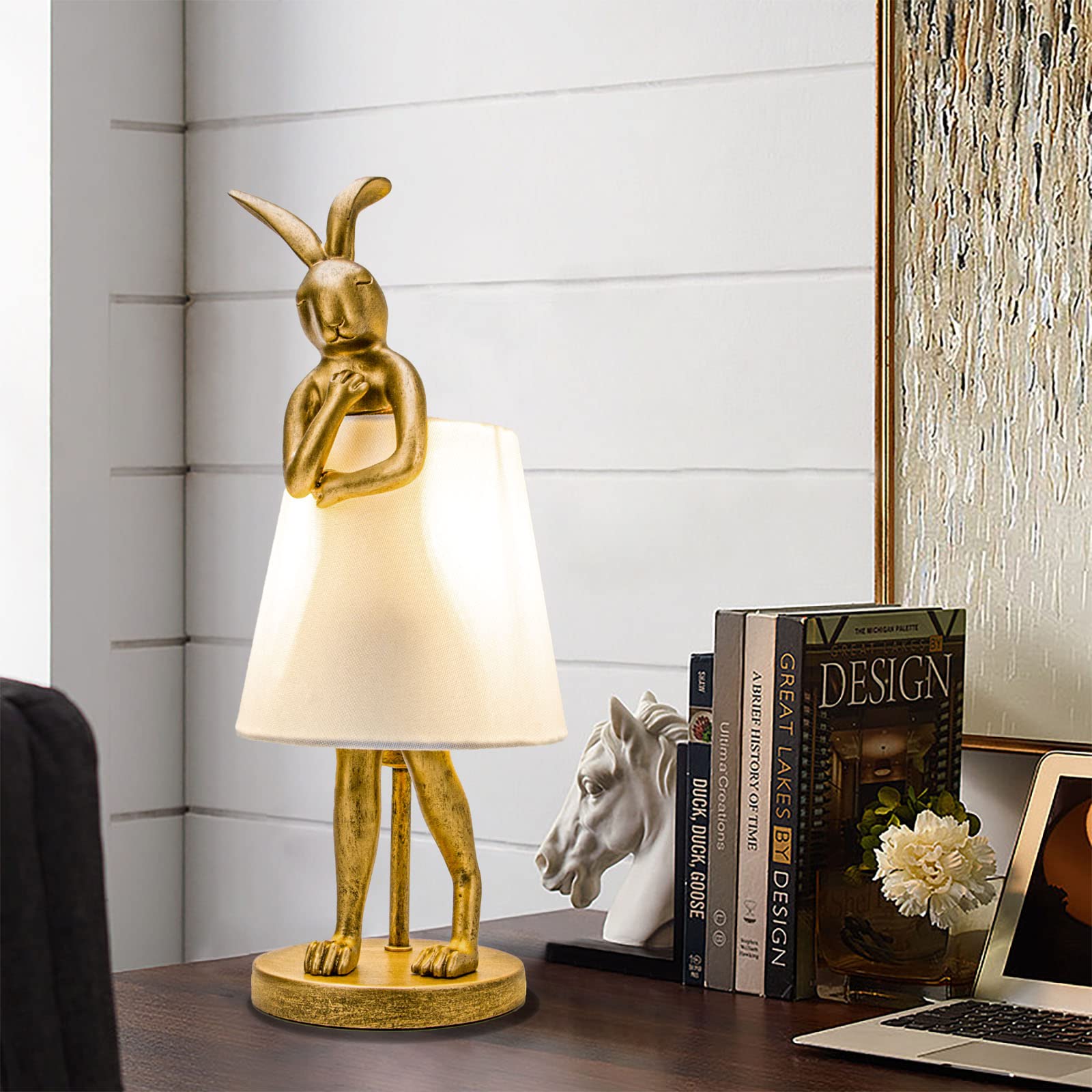 Jgoewbj Bunny Table Lamp, Resin Rabbit Desk Light, Animal Lamps With Linen Shade, Vintage Antique Gold Main Part (White Lamp Shade)