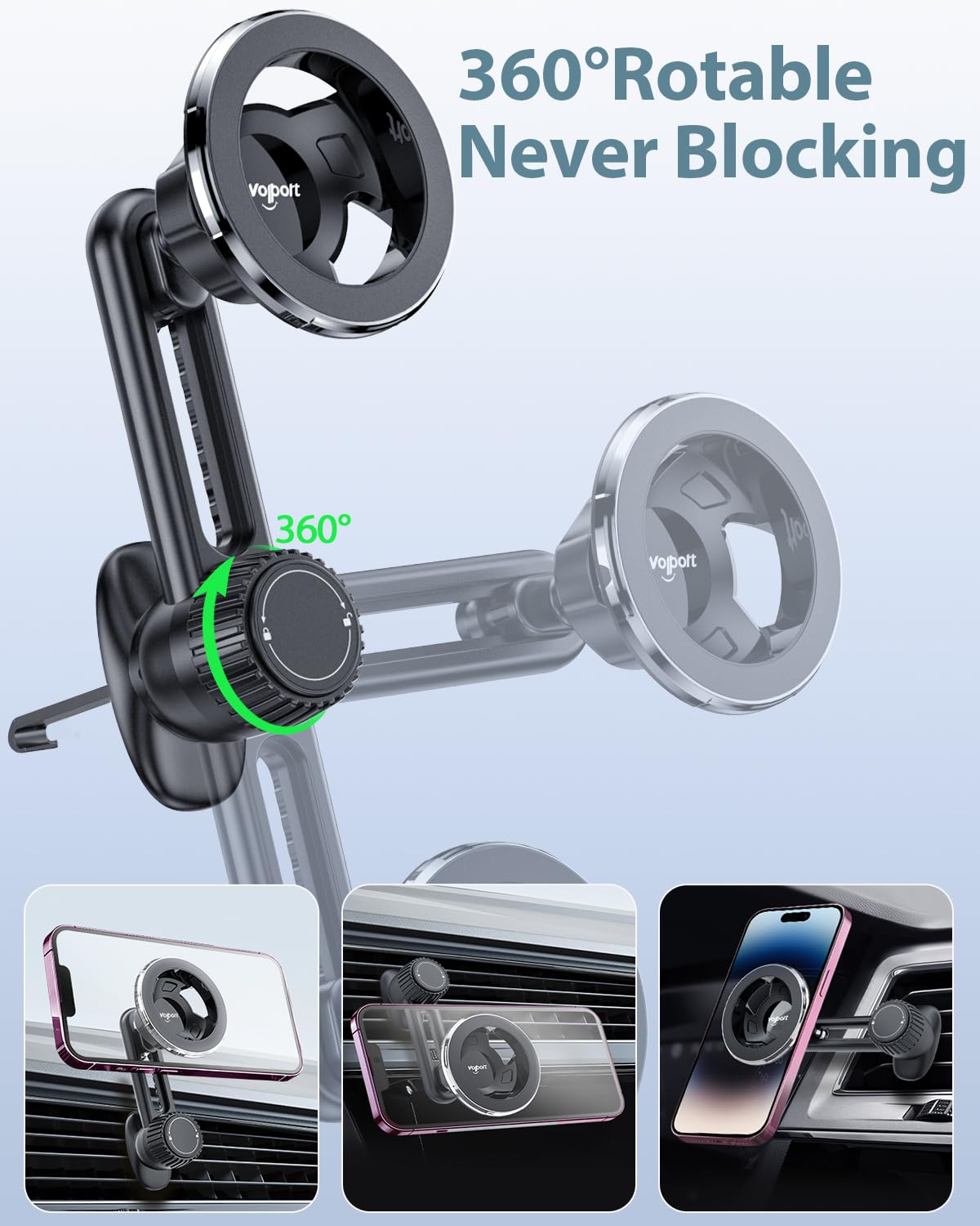 Volport Magnetic Phone Holder For Car Vent, [Non Blocking] Car Phone Holder For Iphone Magnetic Case, Strong Magnet Car Vent Mount For Iphone 15 14 13 Pro Max Mini Plus Case P-Socket