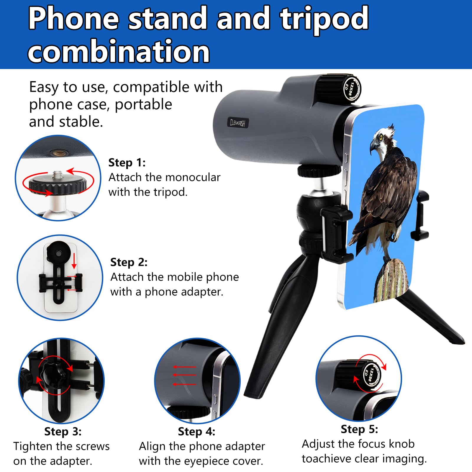 Cleverish 12X56 High Power Monoculars For Adluts, Tripod Travel Bag With Smartphone Adapter, Bak-4 Prism, Ultra Clear Fmc Lens For Bird Watching, Hunting, Traveling, Hiking.Designed In United States