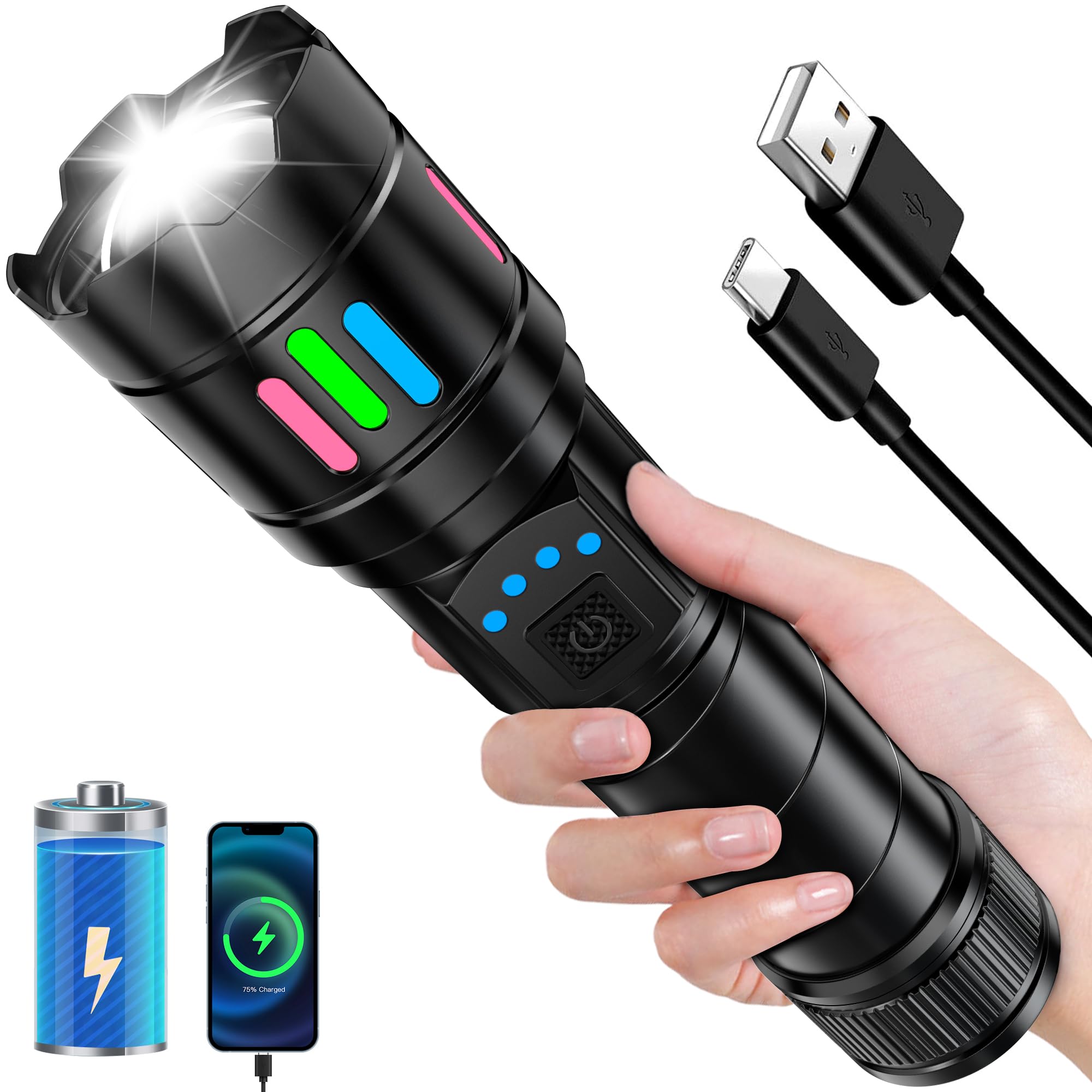 Tiroflx  Super Bright 1000000Lm 13 Modes Adjustable Small Flashlight, Zoomable And Long Battery Led Flash Light, Ip67 Waterproof Tactical Flashlight For Outdoor Emergency Camping Hiking Hunting