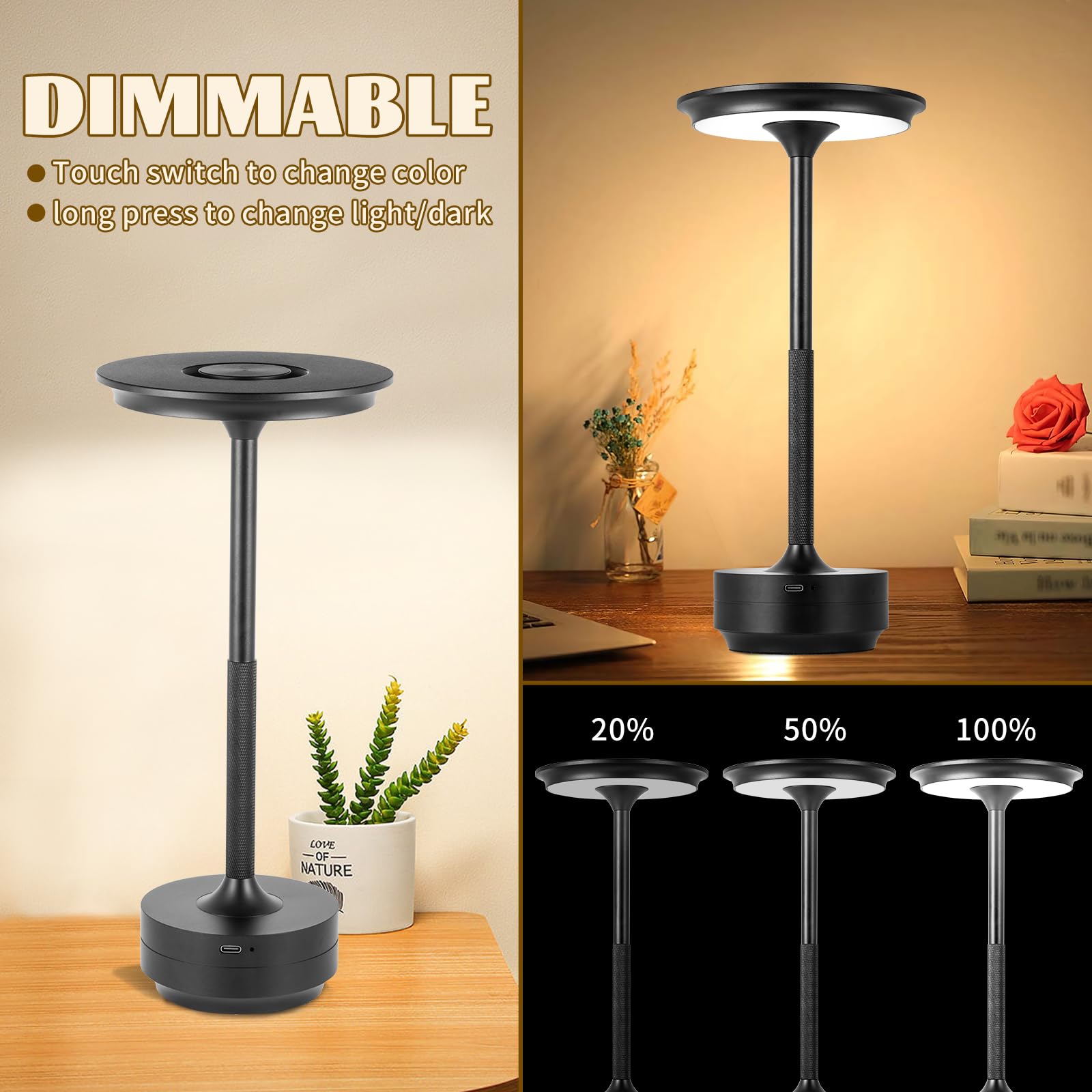 Baishezhuan Rechargeable Cordless Led Table Lamps Touch Sensor Light, 3-Levels Portable Dimming Wireless Battery Operated Lamp，Nightstand Lamp/Night Light/Restaurant Table/Outdoor/Coffee/Bar (Black)